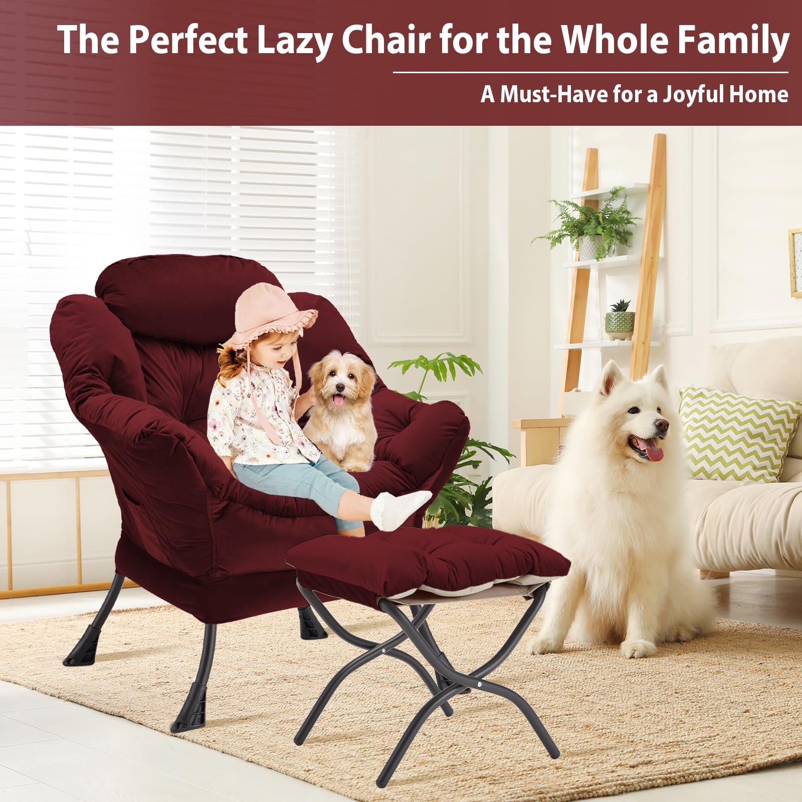 Velvet Upholstered Lazy Chair with Folding Ottoman - Modern Accent Armchair with Metal Frame, Non-Slip Pads & Side Storage Pocket - Comfortable Footrest Sofa for Living Room, Bedroom, Office & Dorm - Burgundy