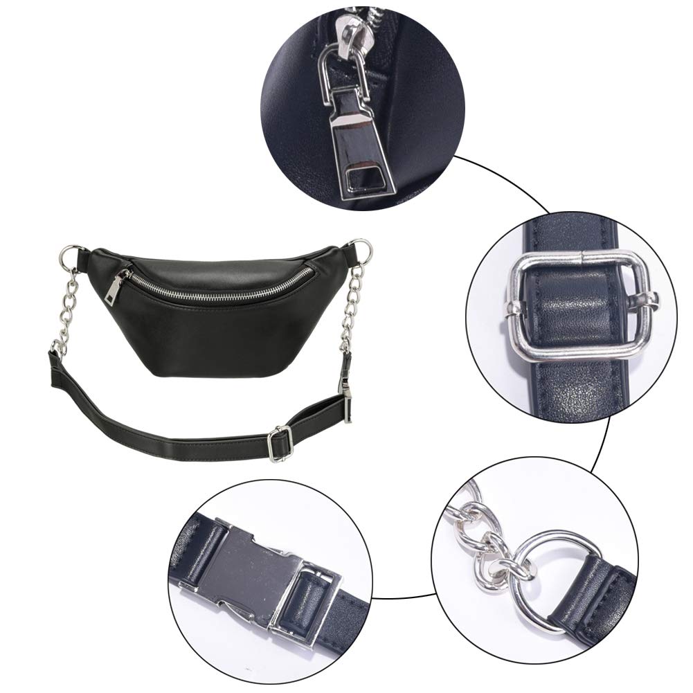 Stylish Leather Fanny Pack for Women - Adjustable Waist Bag, Crossbody Purse with Metallic Chain - Perfect for Travel, Running & Daily Use - Black