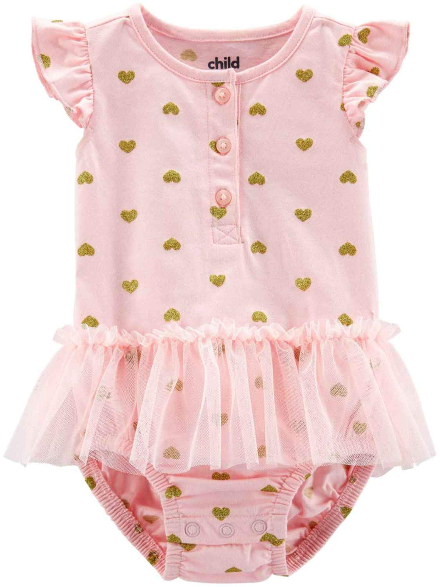 Carters Baby Girls Pink Glitter Heart Tutu Romper Bodysuit - Soft Cotton Infant Onesie for Newborn Photos, Birthday Outfits & Special Occasions