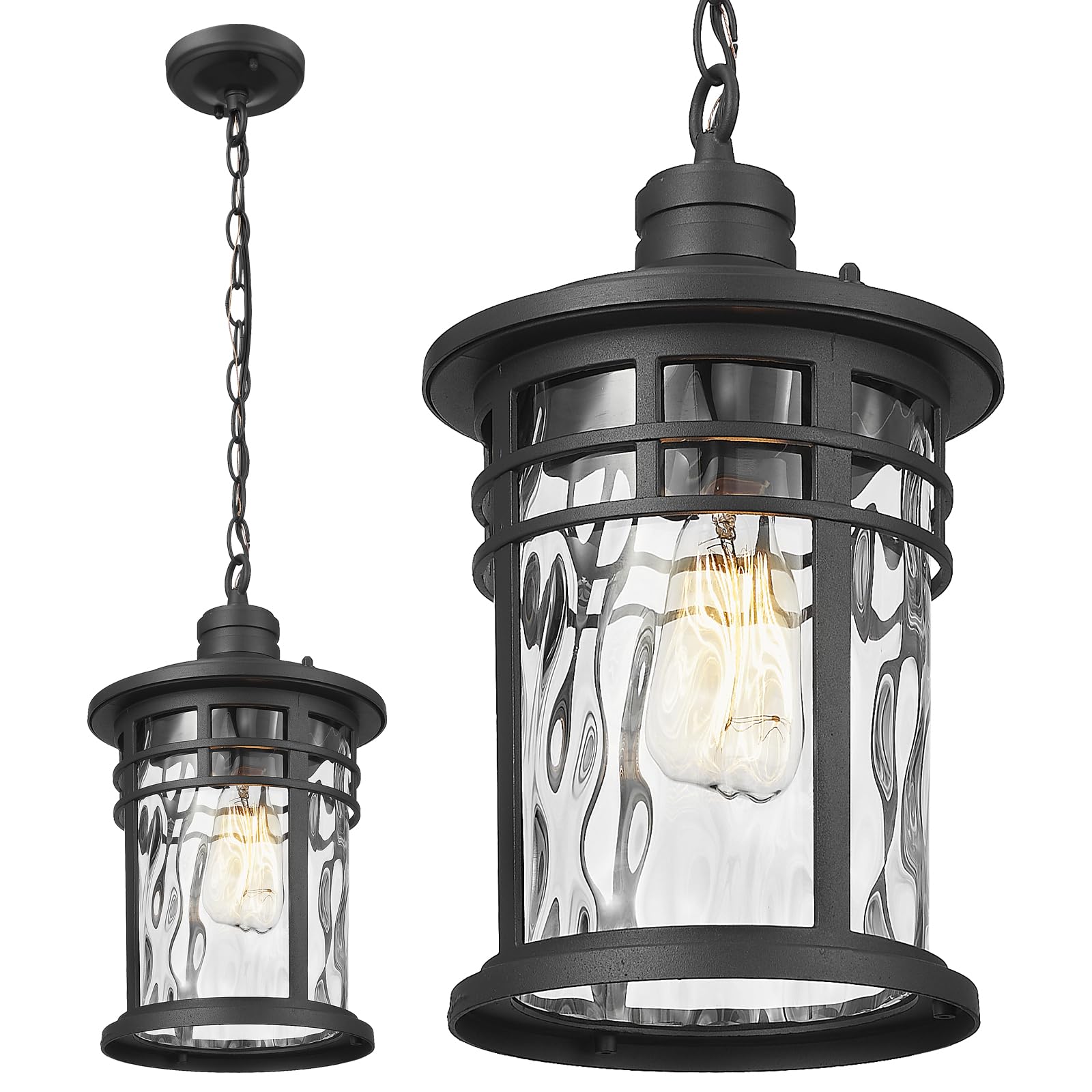 Darkaway 15inch Large Outdoor Pendant Light - Waterproof Aluminum Hanging Chandelier with Water Ripple Glass for Porch, Gazebo, Patio & Backyard - Perfect for Front Door Lighting, Outdoor Dining & Garden Decor