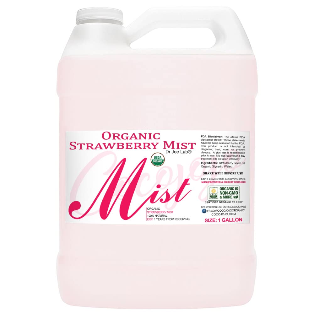 USDA Organic Strawberry Mist for Skincare - Hydrating Face & Body Spray for Sensitive & Dry Skin - Relaxing Pillow Mist with Pure Strawberry Essential Oil - 128 oz / 1 Gallon - Perfect for Bedtime, Spa Days & Travel Self-Care