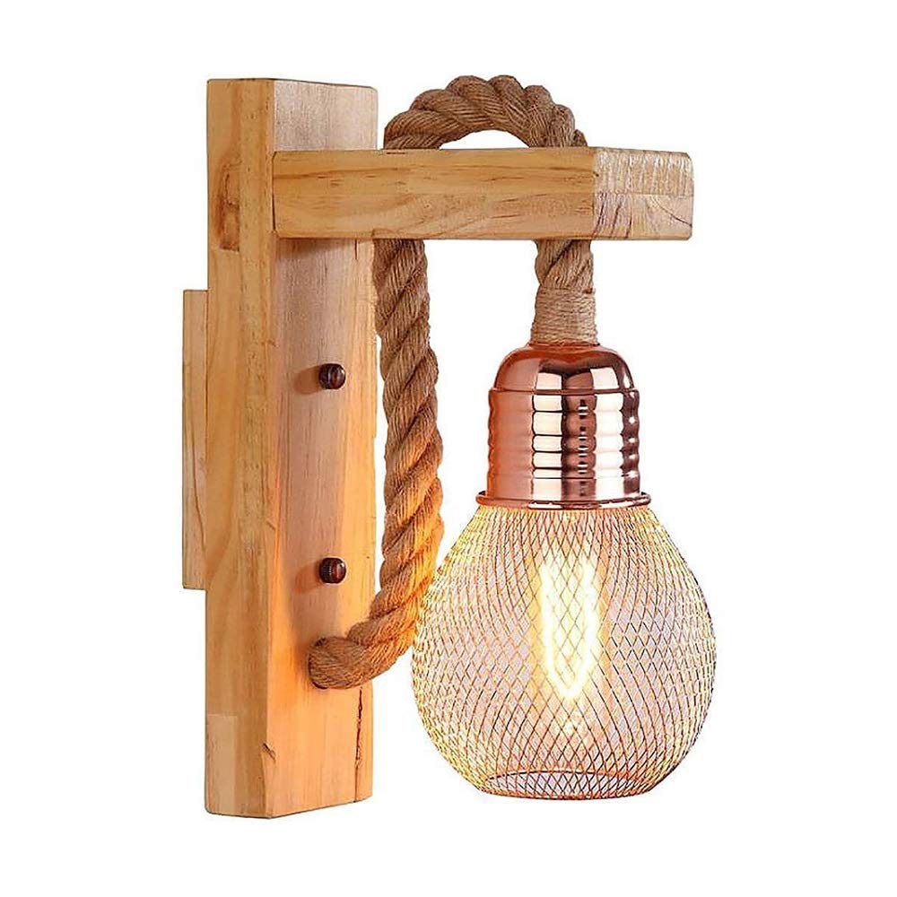 Vintage Industrial Wall Sconce - Handmade Hemp Rope & Solid Wood with Iron Frame - Bedroom Bedside Lamp, Living Room Decor, Cafe Lighting - Perfect for Reading Nook, Hotel Lobby & Cozy Home Ambience