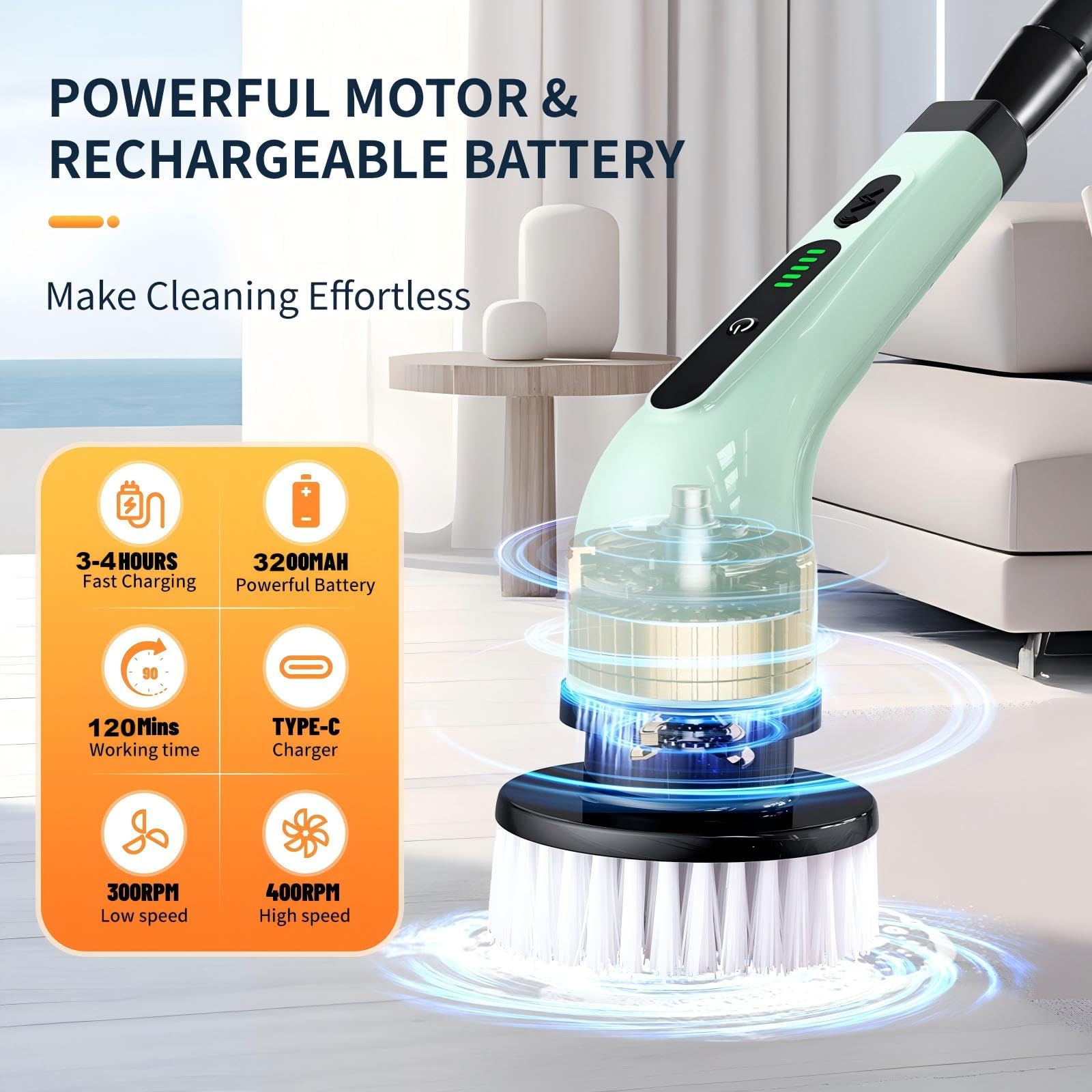 Cordless Electric Spin Scrubber - Powerful Bathroom & Shower Cleaner with 9 Replaceable Brush Heads for Tub, Tile, Floor, Kitchen, Window & Car Cleaning - Long Handle Rechargeable Cleaning Brush for Deep Scrubbing