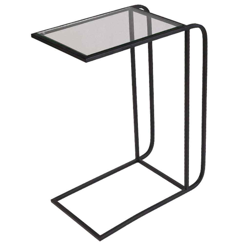 Modern C-Shaped End Table with Tempered Glass - Small Space Side Table for Living Room, Bedroom, Dorm | Perfect as Couch Table, Bedside Table, or Snack Holder (Black)