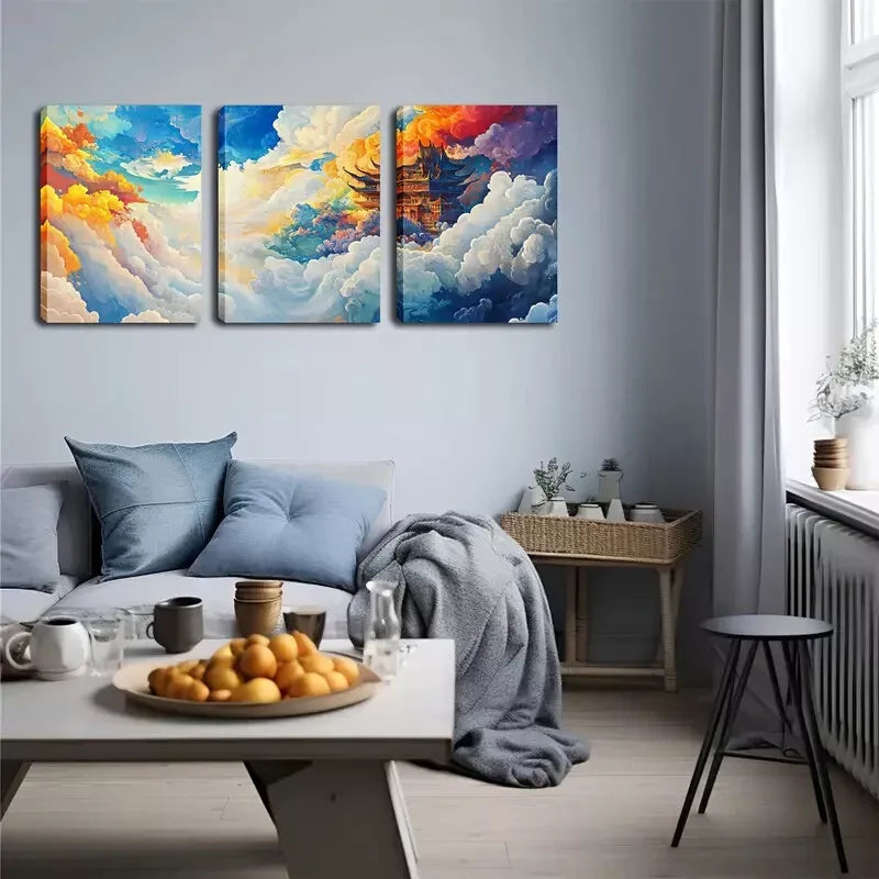 3-Piece Vibrant Cloudscape Traditional Asian Wall Art Set - Framed Canvas 40x60cm - High Quality Print - 100% Australian Made - Ready to Hang - Perfect for Living Room, Bedroom & Office Decor