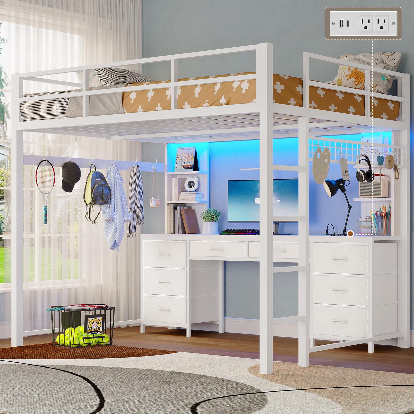 Full Metal Loft Bed with Desk & Storage - 8 Drawers, Charging Station, LED Lights & 4 Open Shelves | Noise-Free, Space-Saving Design | Perfect for Small Apartments, Dorm Rooms & Home Offices | No Box Spring Needed