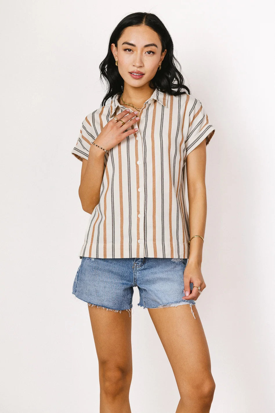 Gabby Striped Button Up Shirt for Women in Tan | Casual & Office Wear | Final Sale