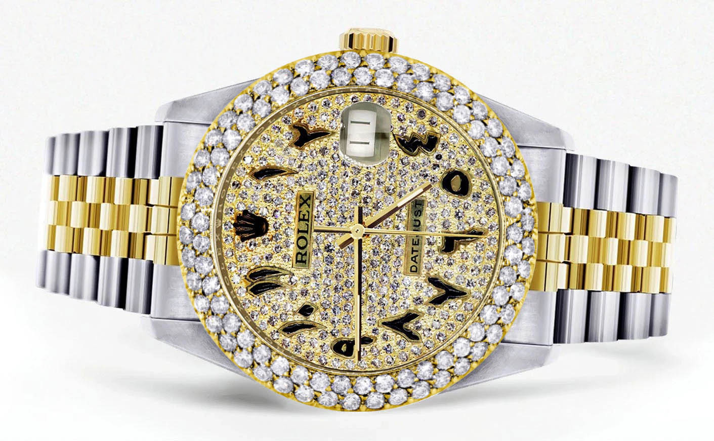 Luxury Diamond Gold Rolex Watch for Women 16233 | 36mm Black Arabic Full Diamond Dial | 4.25 Carat Two Row Bezel | Jubilee Band | Perfect for Formal Events & Special Occasions
