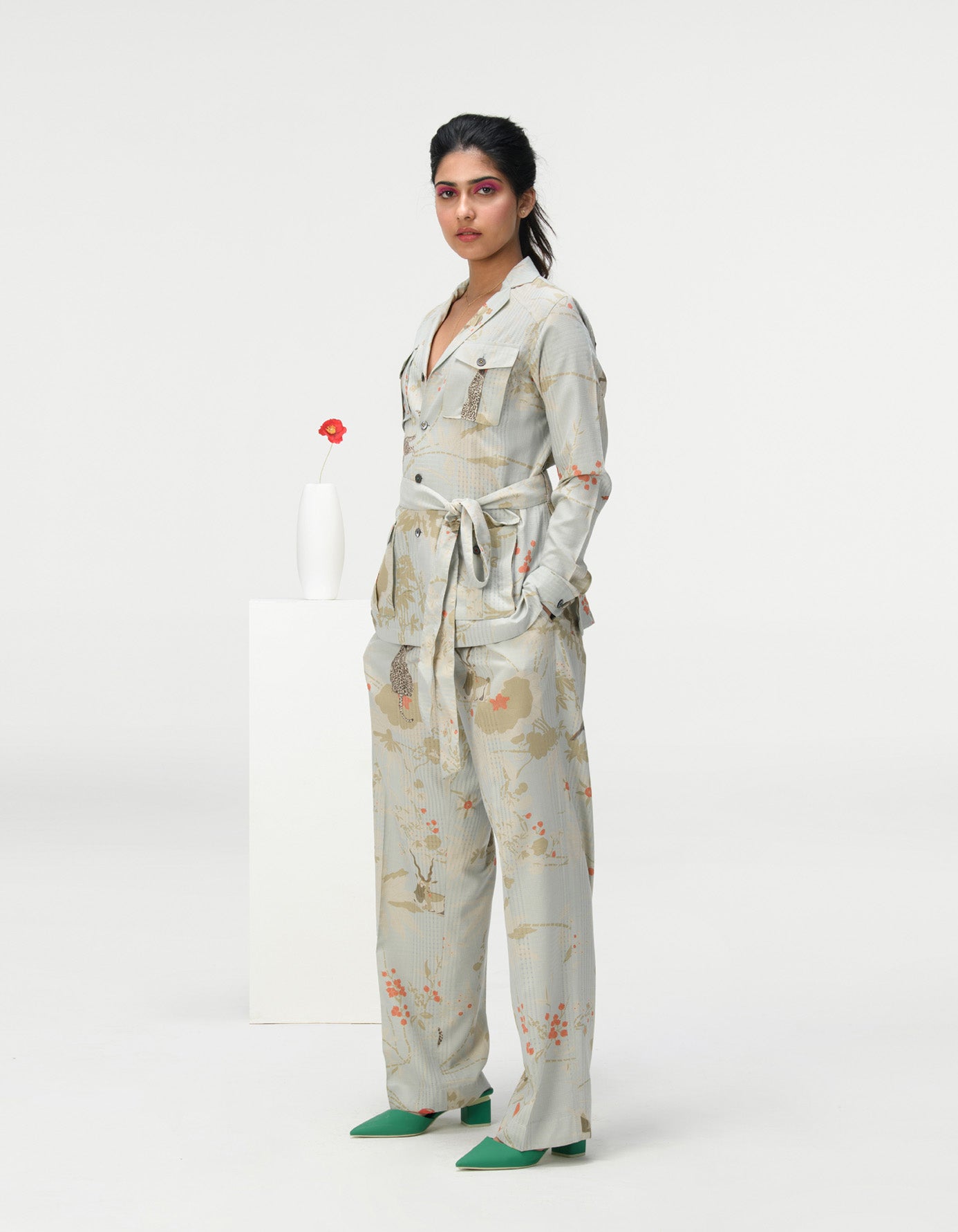 Single Pleated Trousers for Women - Cotton Silk Blend Checkered Pattern in Ice Blue | Perfect for Office Wear & Casual Outfits