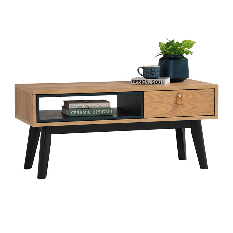 CASTOR 100cm Coffee Table - Natural Wood, Navy Blue & Black Finish | Perfect for Living Room, Lounge & Office Decor