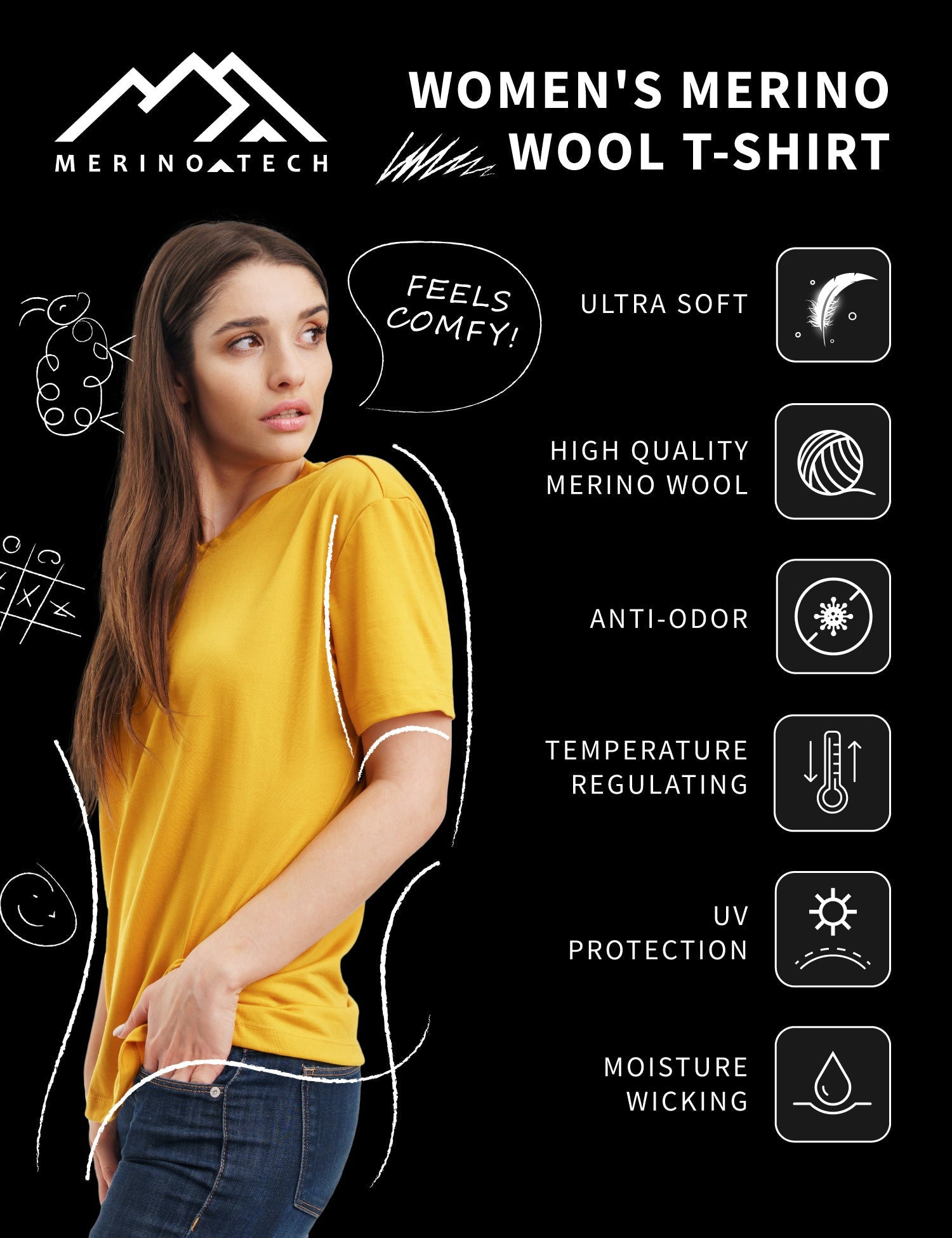 Premium Women's Merino Wool T-Shirt - 165 Heat Black Crewneck with Free Socks | Soft & Breathable Base Layer for Hiking, Yoga & Everyday Wear