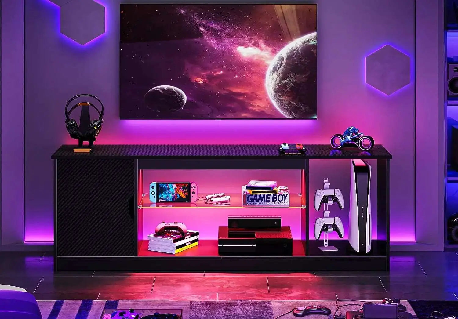 Bestier 58 Inch TV Stand with Storage Cabinet for PS5, Gaming Console & 65 Inch LED TV - Modern Entertainment Center for Living Room, Bedroom & Game Room