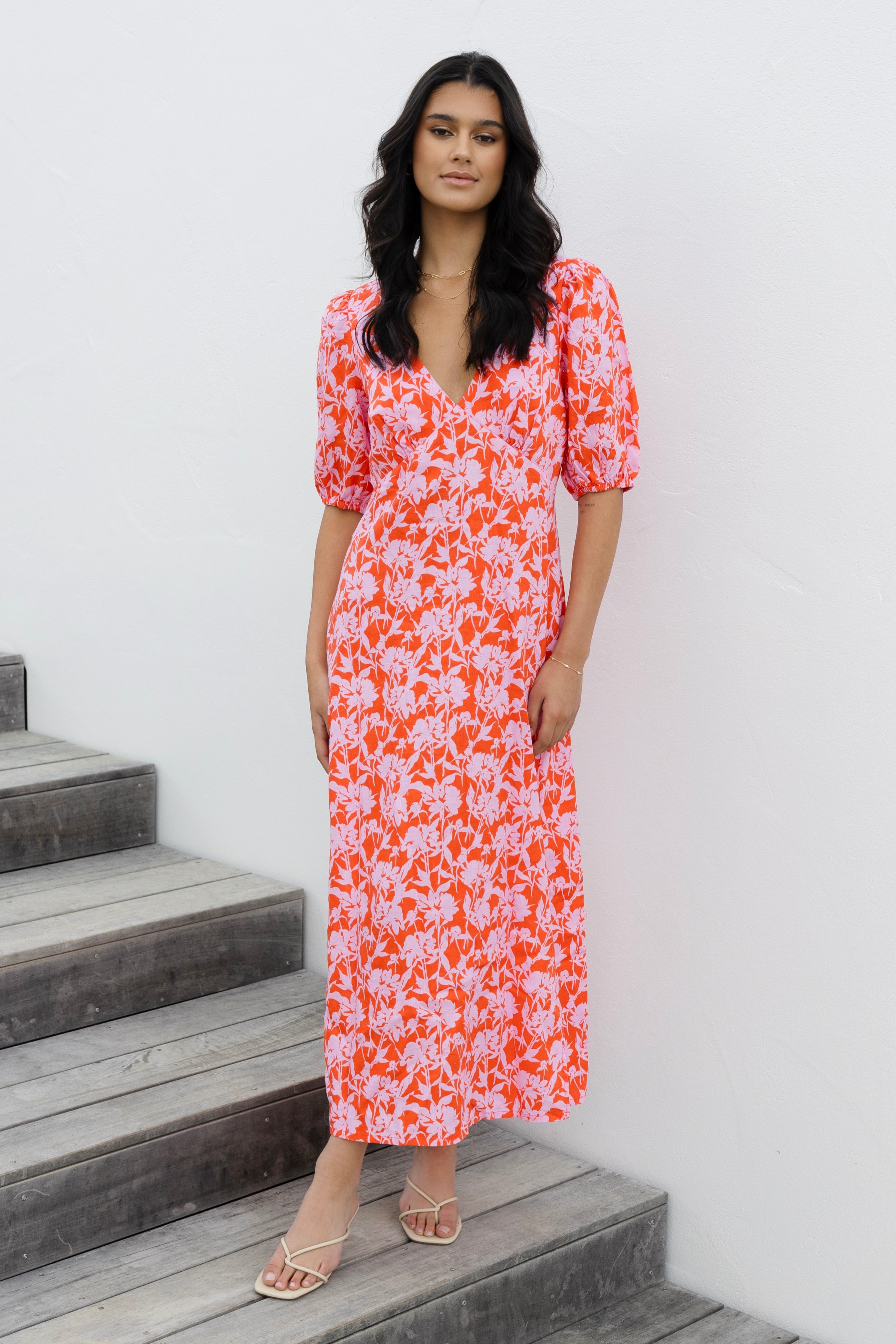 Amora Pink Floral Print Summer Sleeveless Bias Cut Midi Dress - Perfect for Beach Vacations, Garden Parties & Date Nights