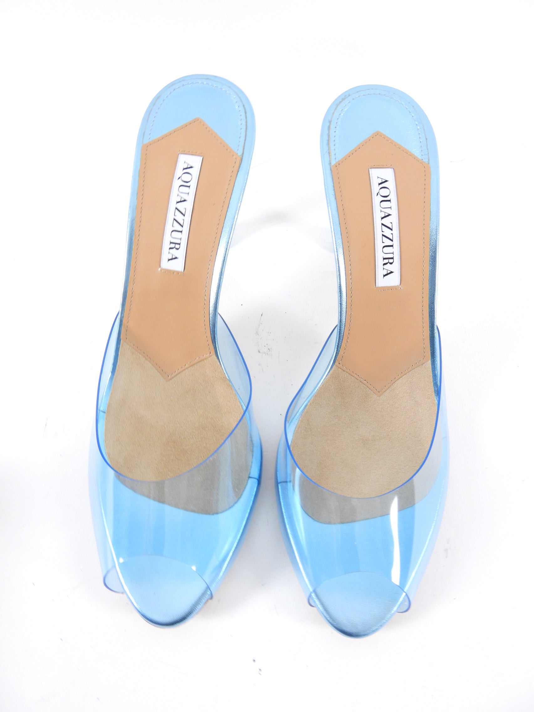 Aquazzura Women's Metallic Blue Leather & Vinyl Mules - Comfortable Slip-On Slides for Summer | Size 40 | Perfect for Beach, Poolside & Casual Outings