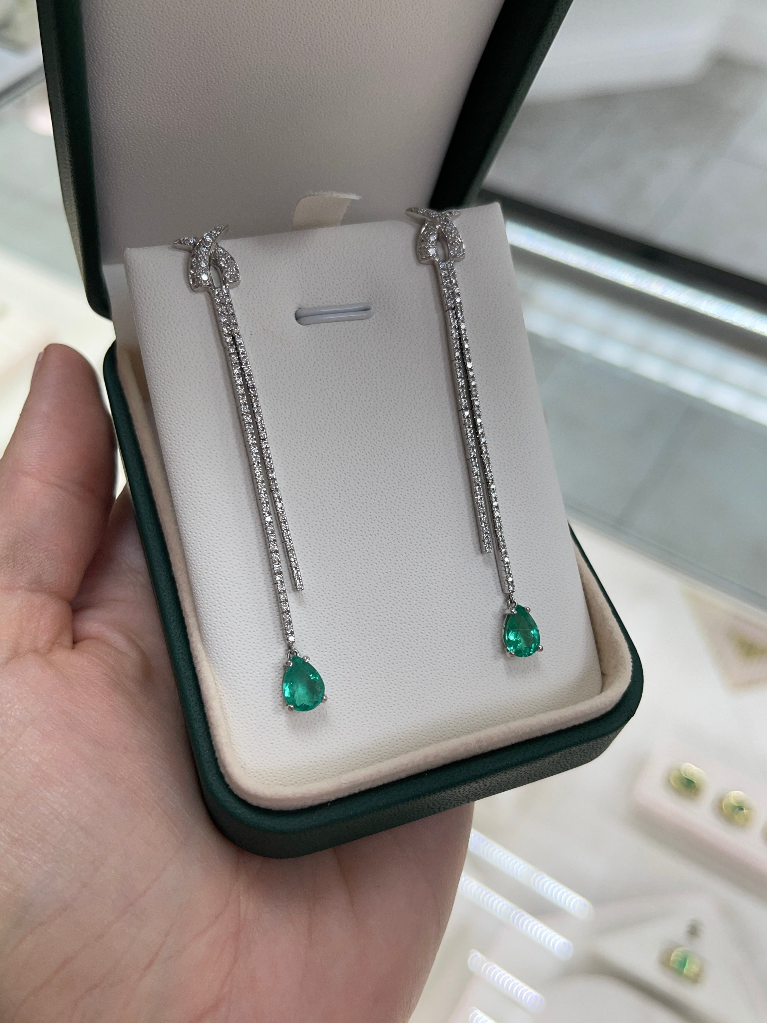 2.58tcw Natural Emerald and Diamond Teardrop Chandelier Earrings in 18K White Gold | Elegant Jewelry for Weddings, Parties & Special Occasions