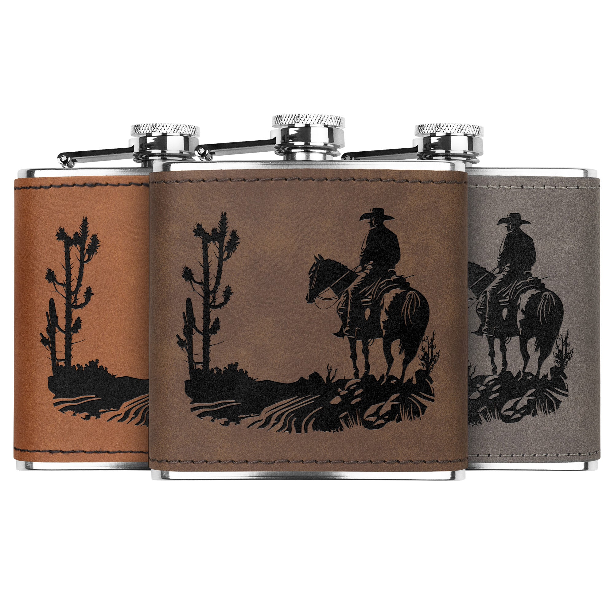 Cowhide Leather Flask with Cactus Design - Stainless Steel Hip Flask for Men - Perfect Gift for Cowboy Enthusiasts - Ideal for Outdoor Adventures, Camping, and Parties