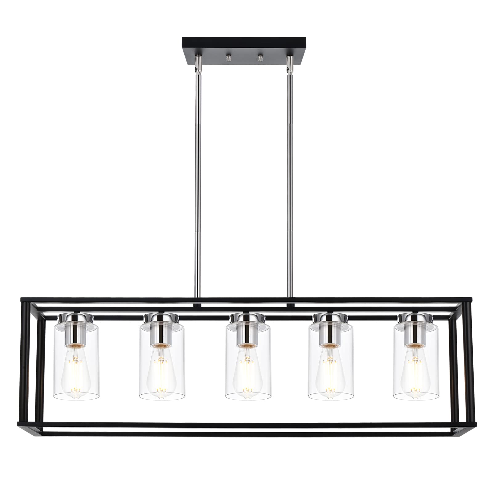 VINLUZ Farmhouse Kitchen Island Lighting Fixture - 5 Light Black & Chrome Linear Pendant Chandelier with Clear Glass Shades - Modern Dining Room, Foyer, Bedroom & Living Room Ceiling Light for Home Decor