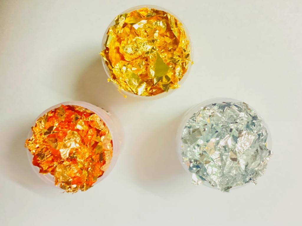 Premium Gold Leaf Flakes for Nail Art & DIY Crafts - 3 Bottles Kit (Gold, Silver, Copper) | Perfect for Epoxy Resin Jewelry, Nail Design, Slime Making & Metallic Gilding Projects