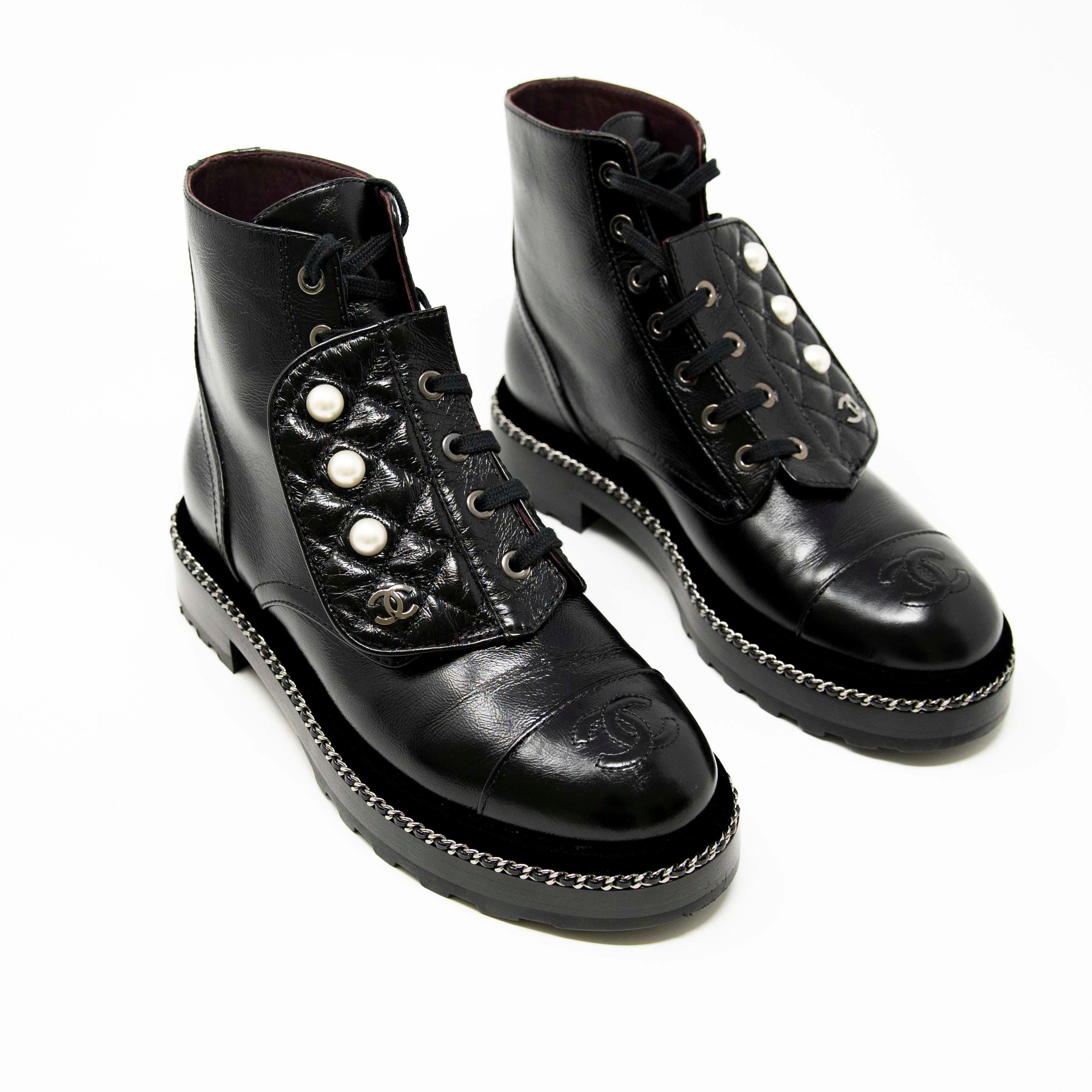 Chanel Black Leather Combat Boots Women's Size 36.5 - Stylish & Comfortable Ankle Boots for Everyday Wear, Night Out & Fashion Street Style