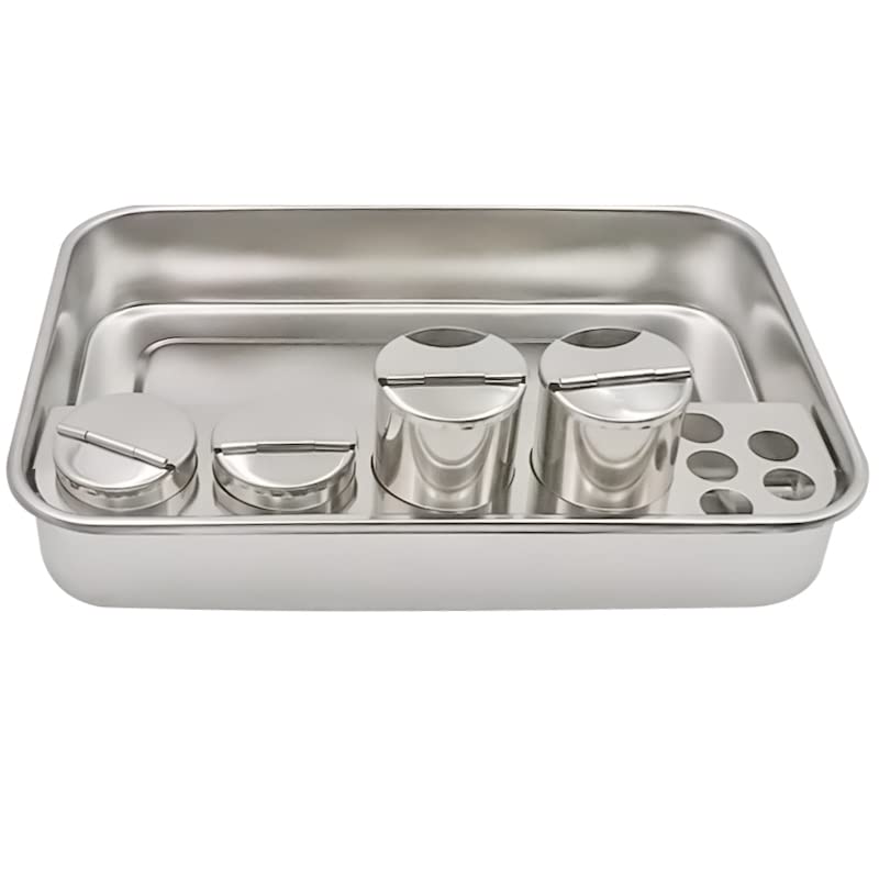 Stainless Steel Dental Tool Tray with 4 Bottles - Dentist Instrument Storage Box for Oral Material Organization - Professional Dental Lab Equipment for Dentists, Clinics & Home Use
