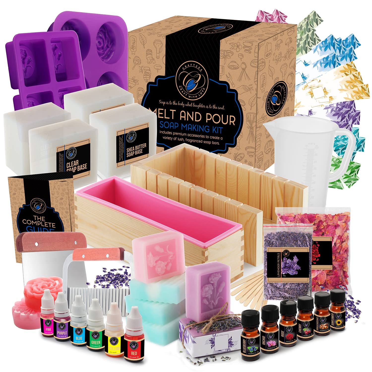 Premium Soap Making Kit for Adults & Kids - All-in-One DIY Soap Craft Supplies with Shea Butter Soap Base, Silicone Molds, Essential Oils, Soap Cutter - Perfect for Homemade Gifts, Birthday Parties & Spa Day Activities