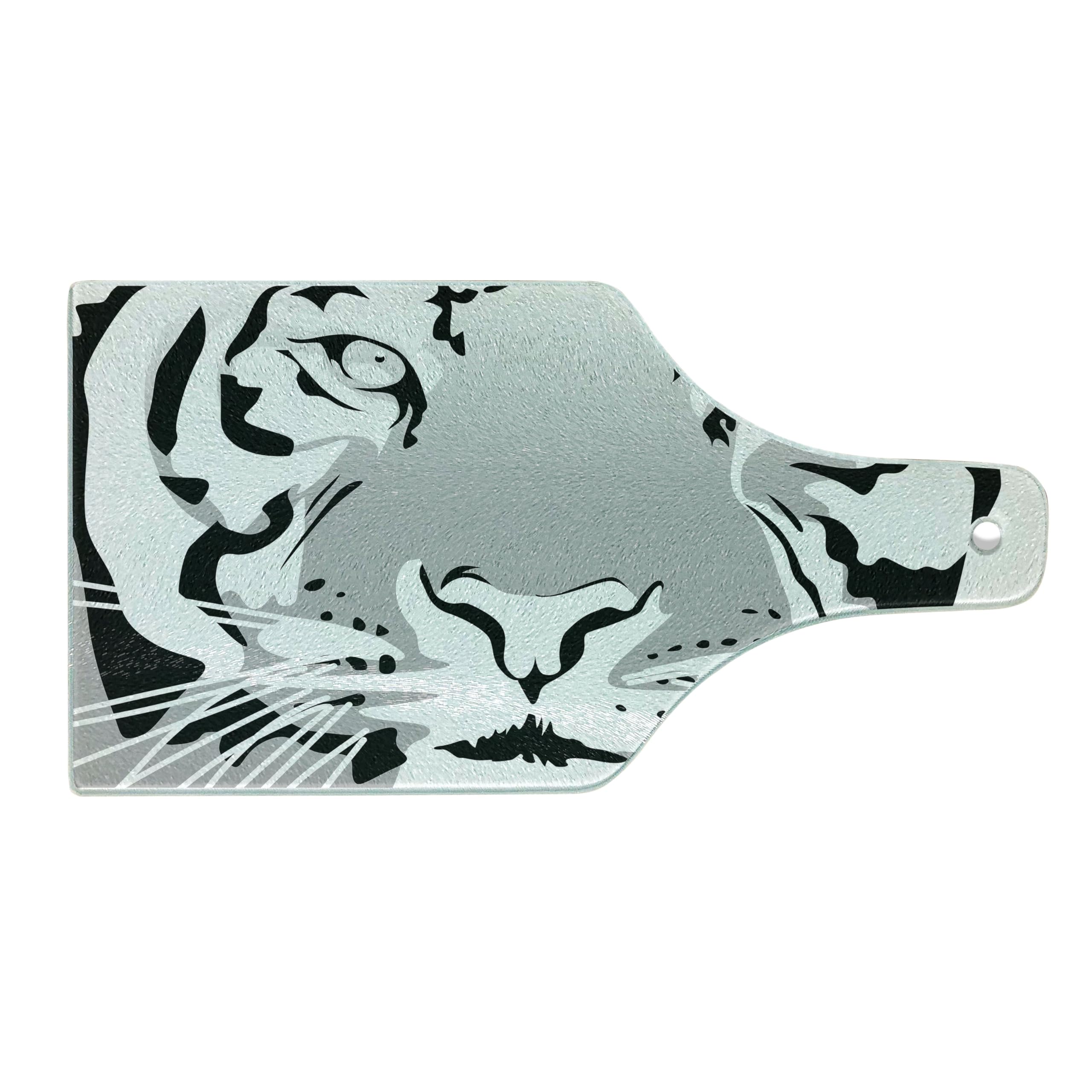 Lunarable Tiger Portrait Tempered Glass Cutting Board - Savannah Wildlife Big Cat Art, Decorative Serving Board for Kitchen & Bar, Wine Bottle Shape in Black White Grey - Perfect for Entertaining, Cheese Platters & Wine Pairings