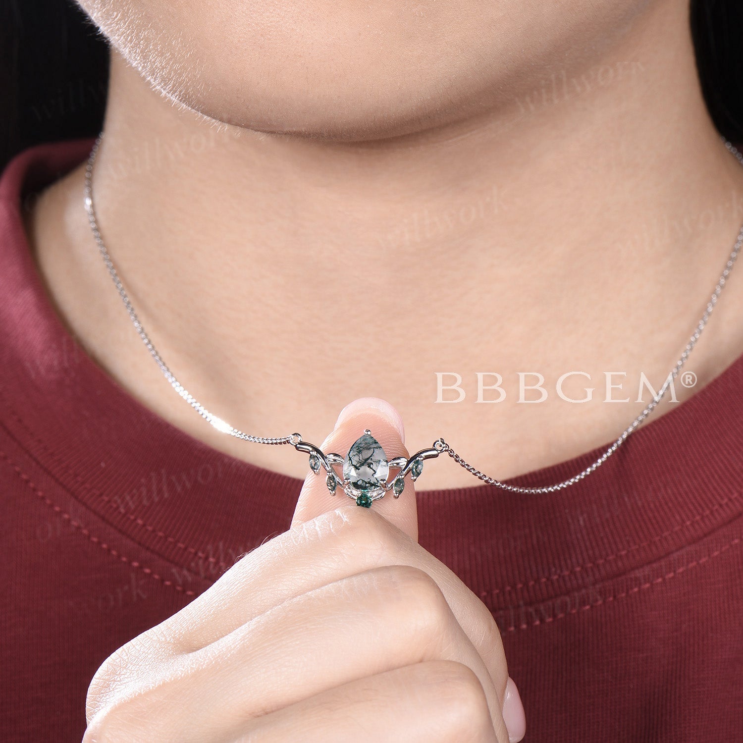 Natural Moss Agate Teardrop Pendant Necklace with Leaf Vine Charm | Emerald Green Gemstone Jewelry for Women | Perfect for Boho Style, Wedding Gift & Everyday Wear