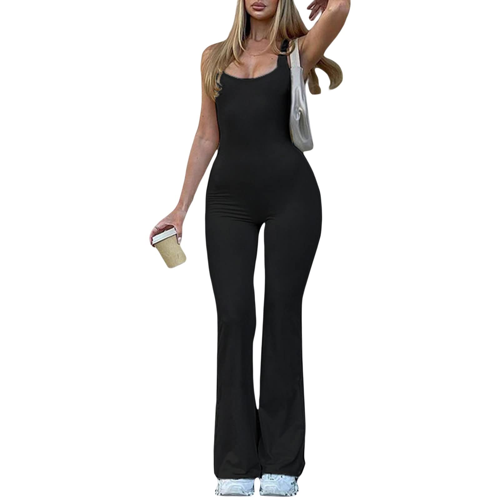 Women's Backless Square Neck Yoga Jumpsuit - Sleeveless Workout Bodysuit with Ribbed Overalls & Skinny Pants | Perfect for Yoga, Gym, Running & Casual Wear
