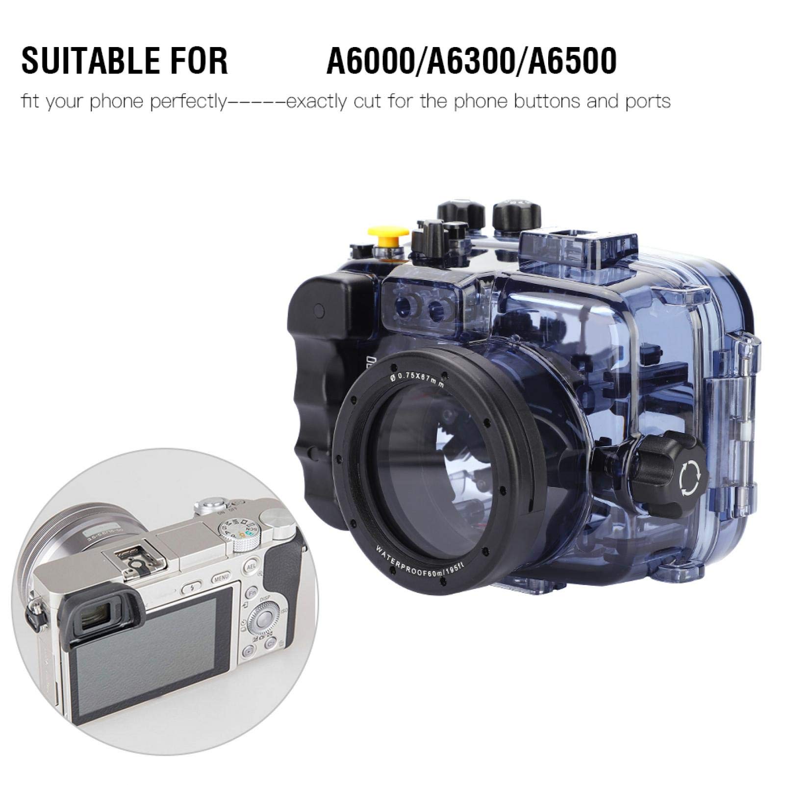 **60m/195ft Waterproof Underwater Camera Housing Case for Sony A6000/A6300/A6500 – Diving, Snorkeling & Action Sports Protection with Cold Shoe Mount**