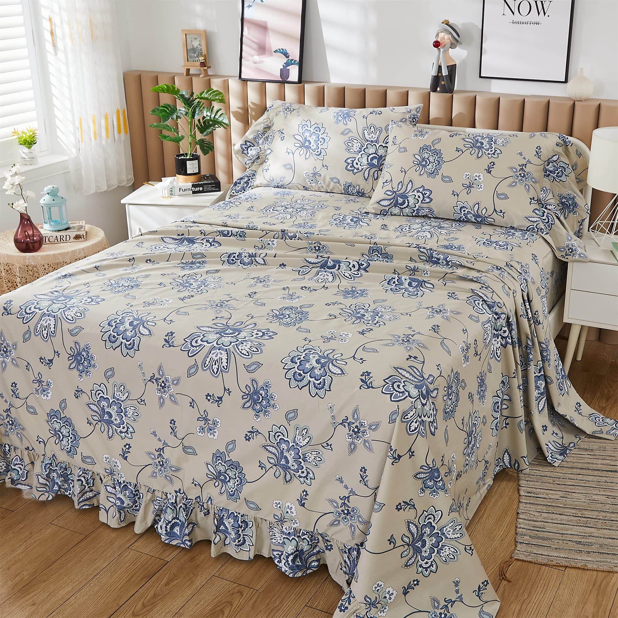 ABREEZE Light Grey Paisley Print 4-Piece Bed Sheet Set - 1000TC Egyptian Cotton Twin Size Bohemian Bedding with Damask Medallion Design | Perfect for Boho Chic Bedrooms, Guest Rooms & Dorm Decor