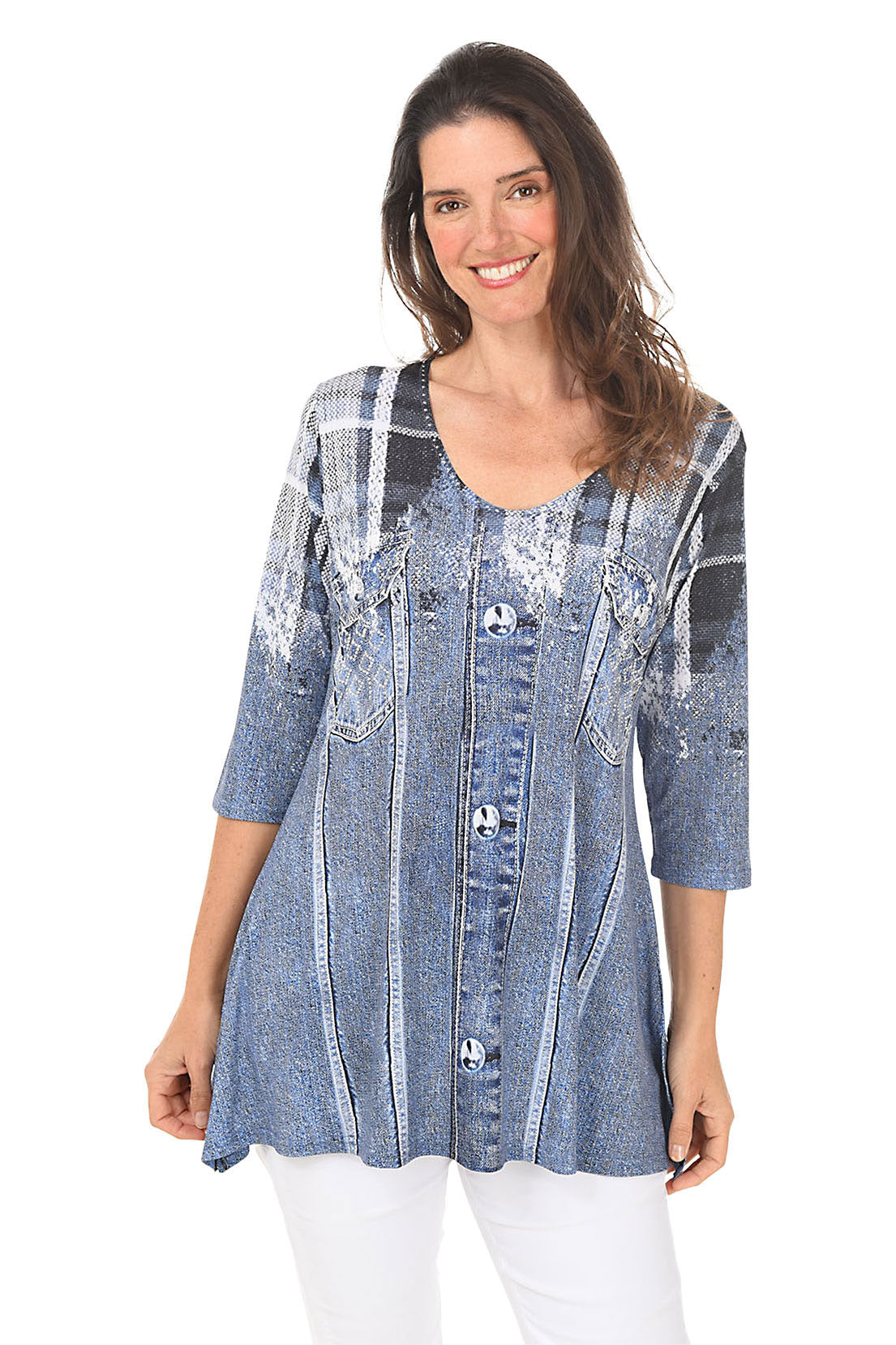 Stylish Plaid Denim Jacket with Printed Knit Tunic - Women's Fashion Outerwear for Casual Wear, Fall Layering & Street Style Outfits