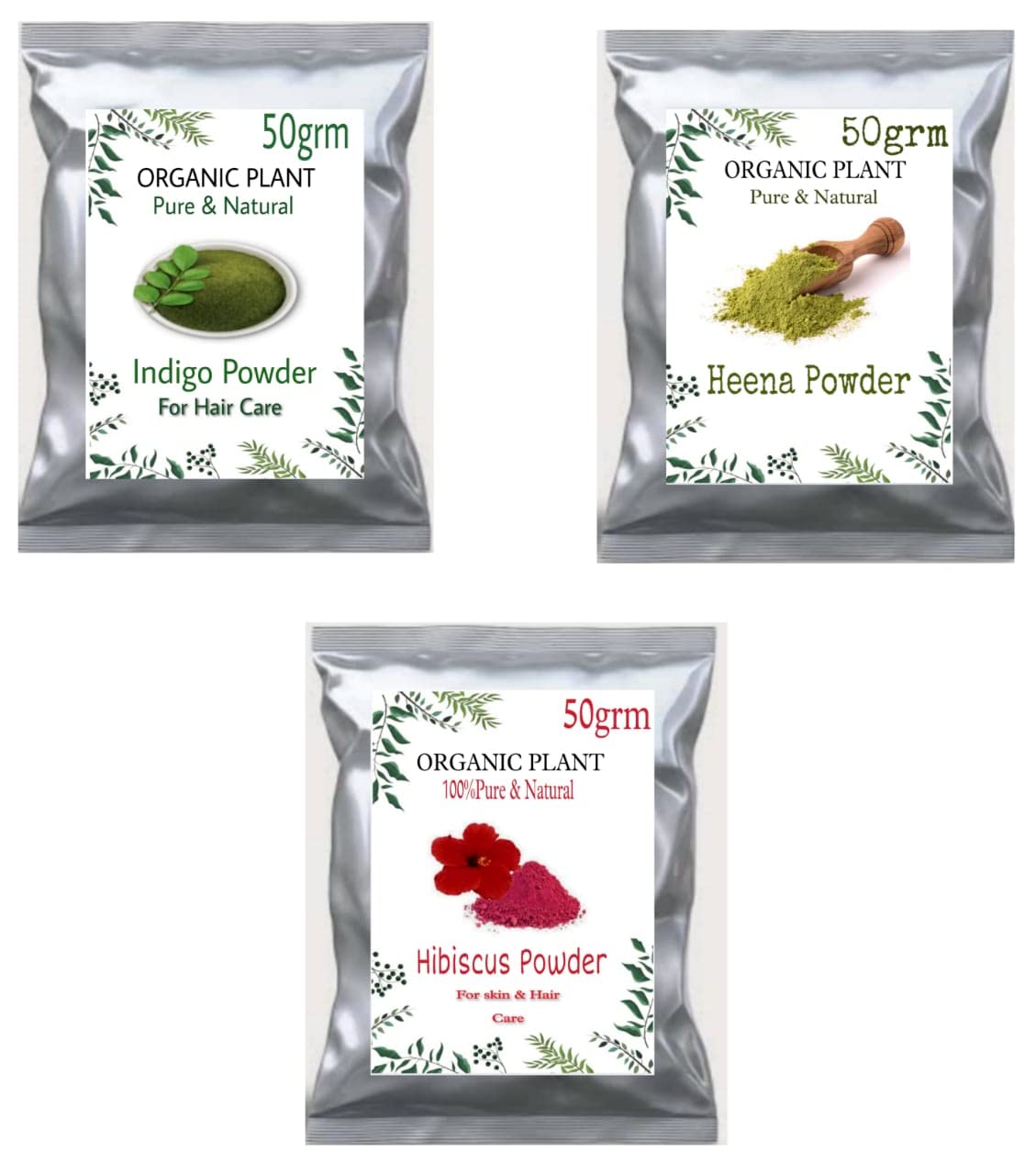 100% Natural Pure Indigo Powder & Herbal Henna with Hibiscus Powder for Hair Dye & Care - 50g | Organic Hair Coloring, Gray Coverage & Conditioning Treatment for Natural Hair Growth