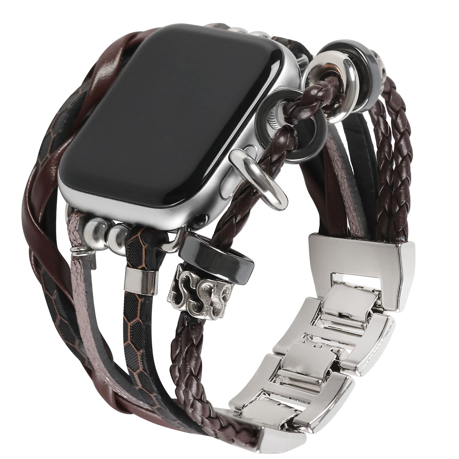 Premium Genuine Leather Apple Watch Bands 38mm 40mm 41mm for Men & Women - Boho Chic Bracelet Strap Compatible with iWatch Series SE/7/6/5/4/3/2/1 | Perfect for Workouts, Office Wear & Casual Fashion Accessories