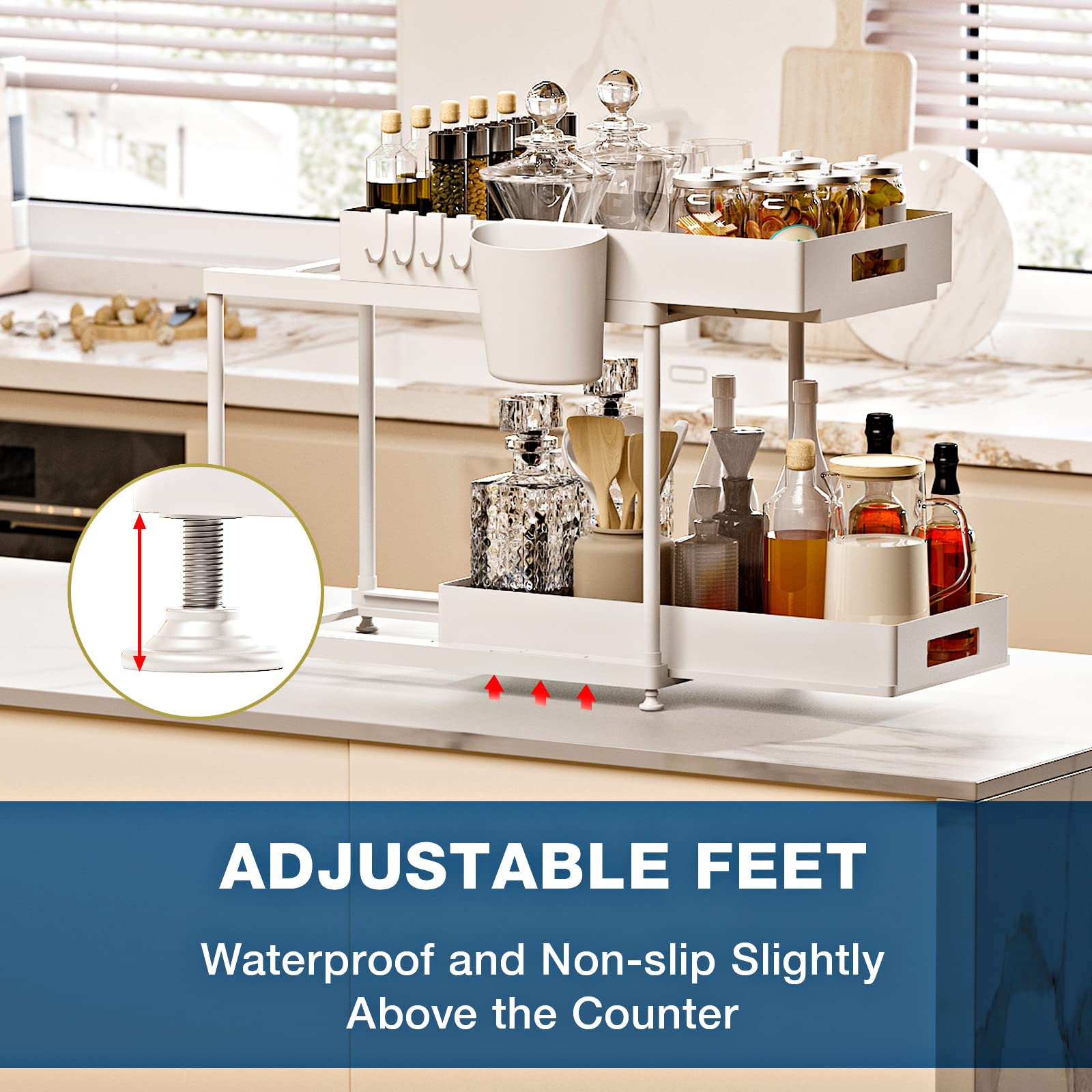 2-Tier Double Sliding Under Sink Organizer with Cup & Hooks - Space Saving Bathroom & Kitchen Cabinet Storage Rack for Home Organization - Perfect for Small Spaces, Apartments & Cluttered Cabinets