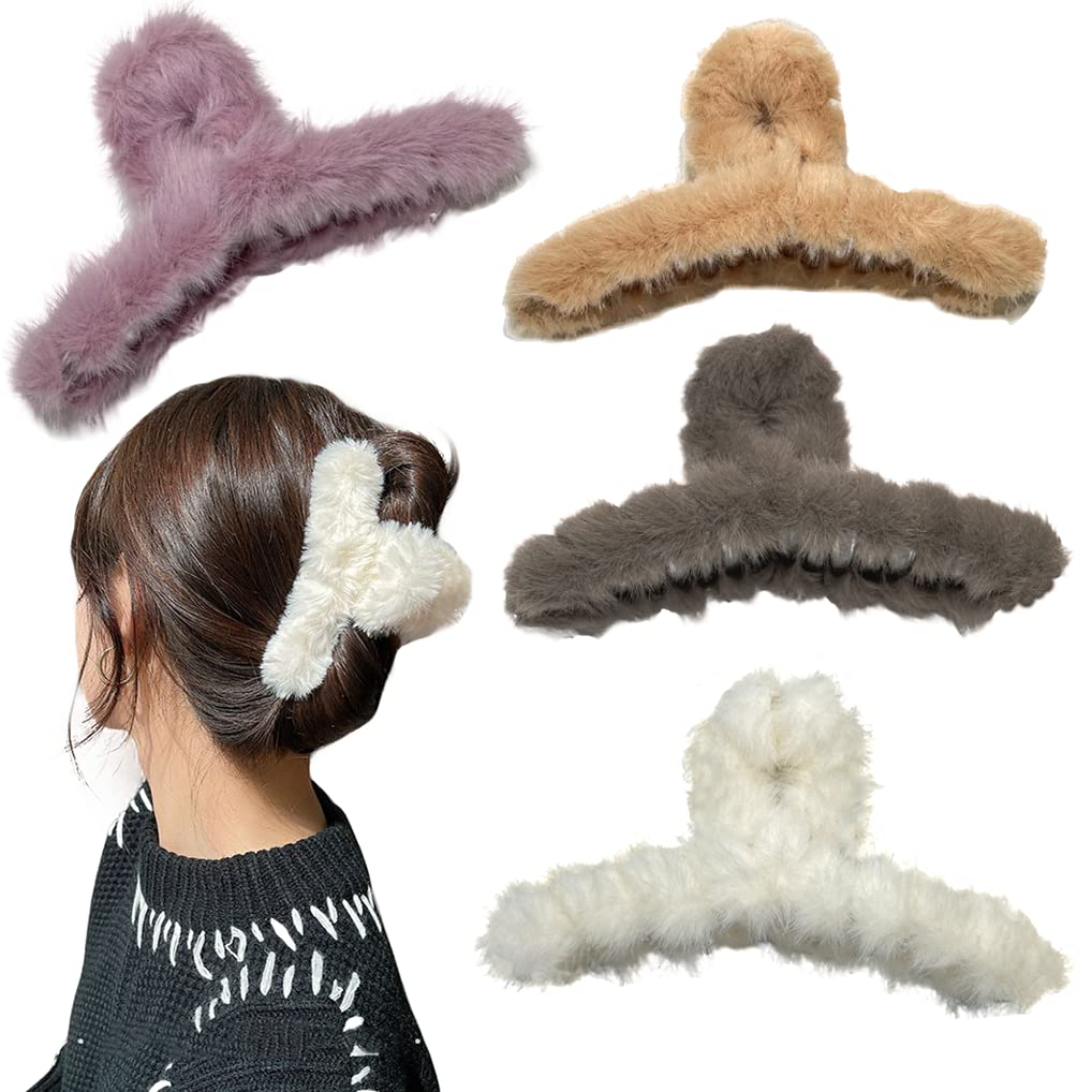 4 PACK Large Hair Claw Clips for Women - 4.3 Inch Plush Hair Clips, Soft Fur Hair Grippers, Half Bun Hairpins for Daily Use, Parties & Special Occasions (4 Count) - Perfect for Thick Hair, Updos & Stylish Hairstyles