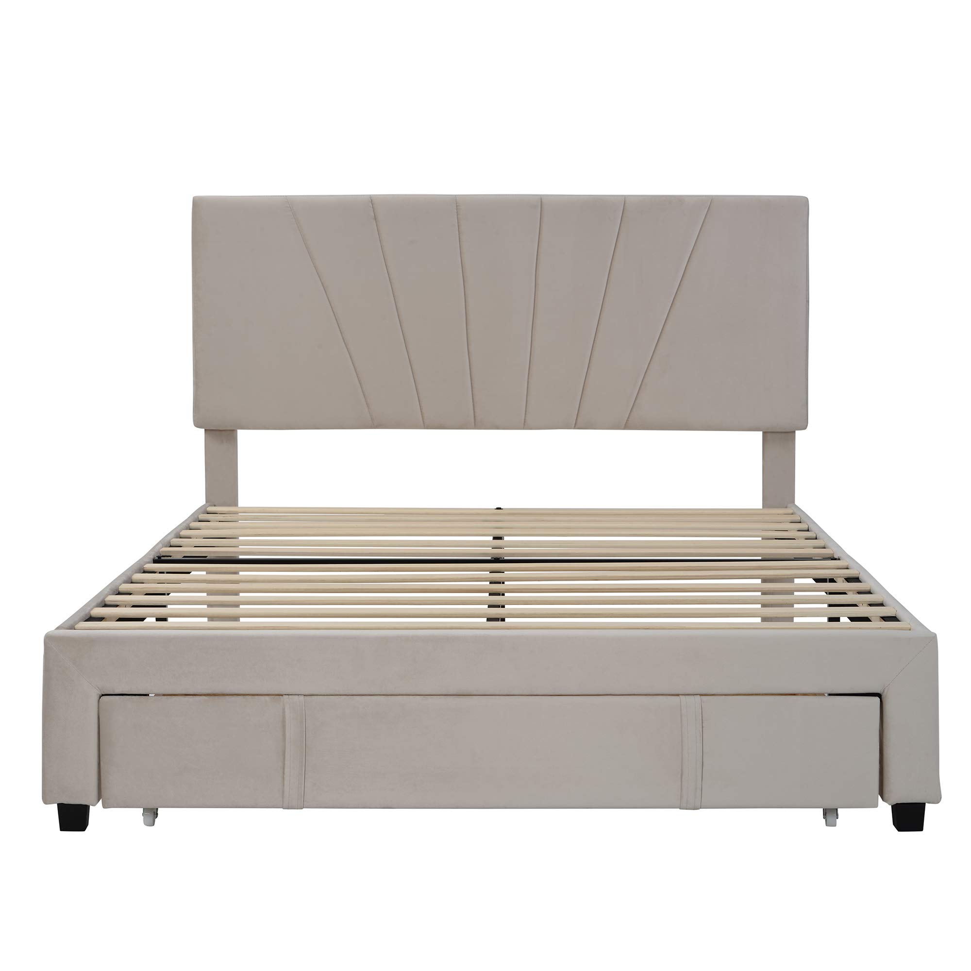 MERITLINE Queen Size Storage Bed Frame with Upholstered Headboard - Velvet Platform Bed with Large Drawer & Wood Slats Support, No Box Spring Needed (Beige) - Perfect for Small Bedrooms, Guest Rooms & Space-Saving Solutions