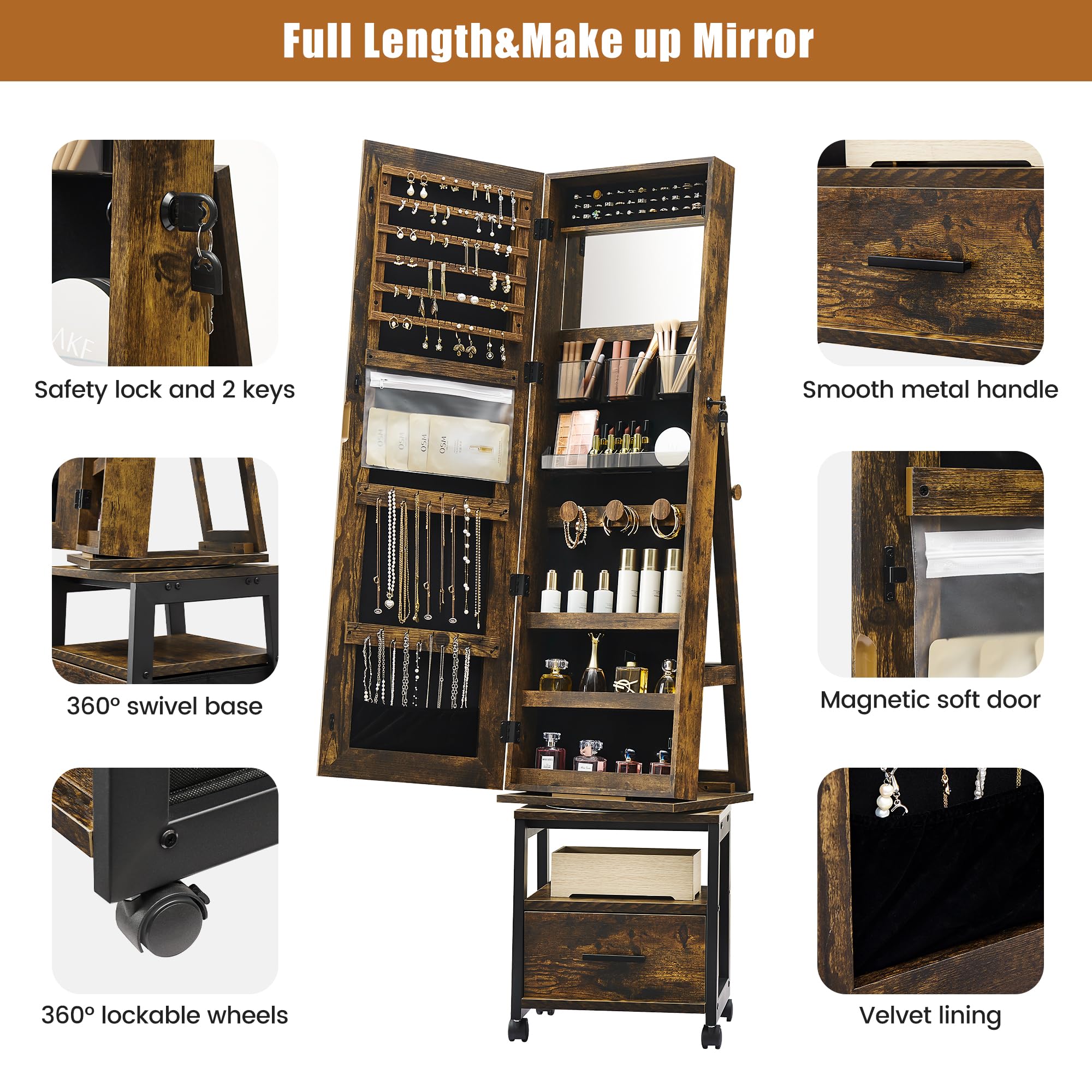GARVEE 360° Swivel Jewelry Armoire with Full Length Mirror - 66