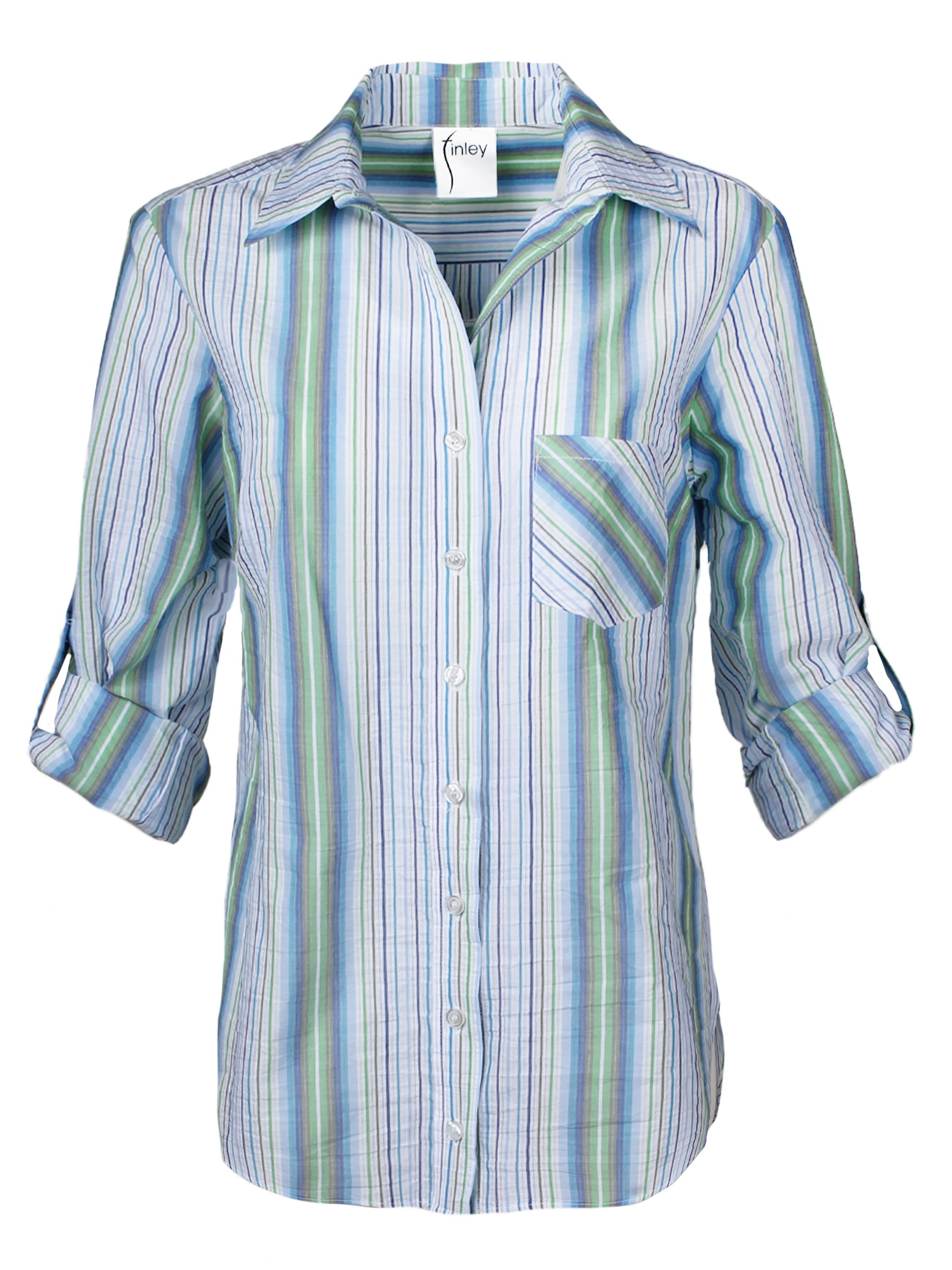 Andrew Boyfriend Shirt - Blue & Green Striped Casual Button Down Shirt for Women | Perfect for Date Night, Office Wear & Weekend Outings