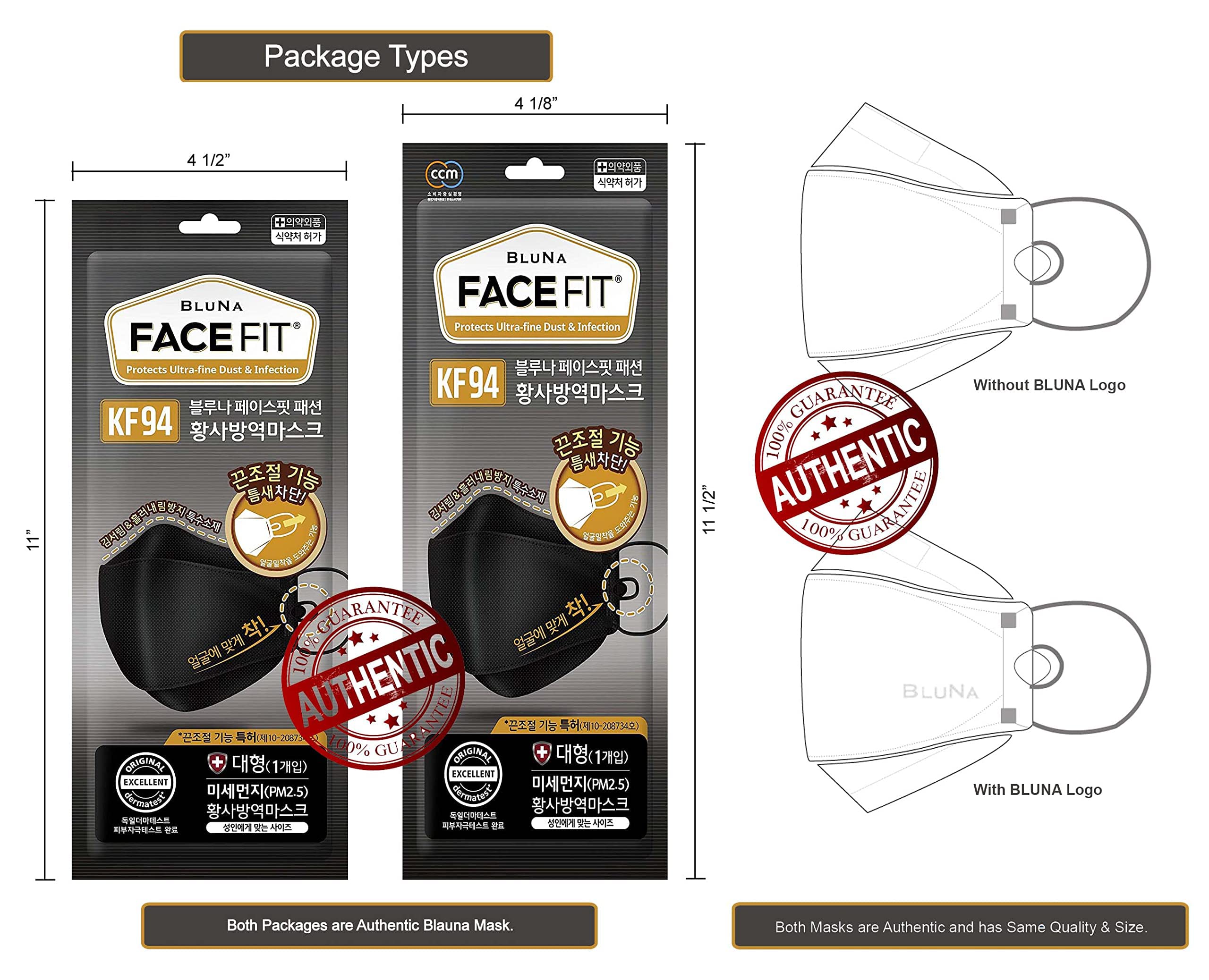 BLUNA KF94 Black Face Mask 10-Pack - Adjustable Strap for Comfort & Safety