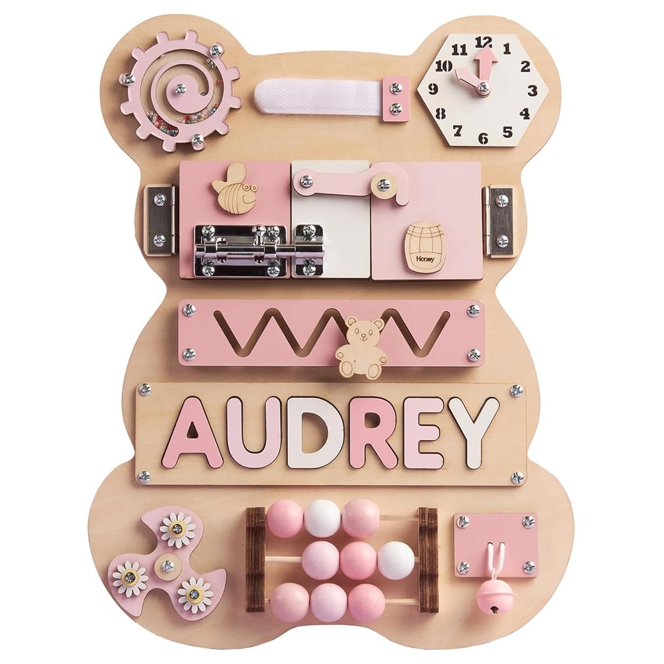 Montessori Busy Board for Toddlers - Personalized Wooden Sensory Activity Toy with Name Puzzle | Learning & Educational Toys for 1-3 Year Olds | Unique Birthday Gift for Baby Girls (Pastel Color) - Perfect for Easter, Christmas & Early Childhood Development