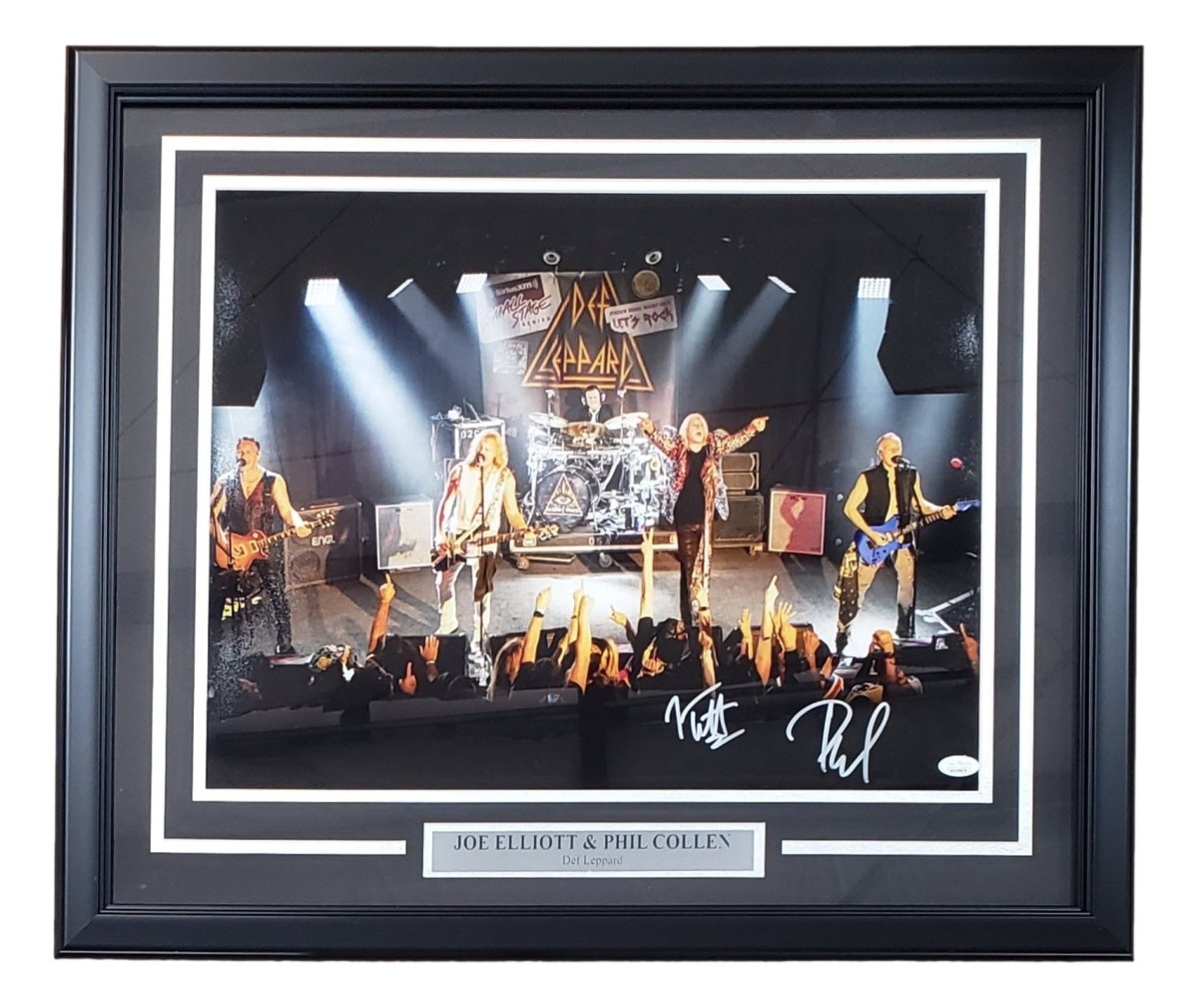 Joe Elliott & Phil Collen Autographed Framed 16x20 Def Leppard Band Photo with JSA COA - Perfect for Music Memorabilia Collectors & Rock Fans' Home Decor