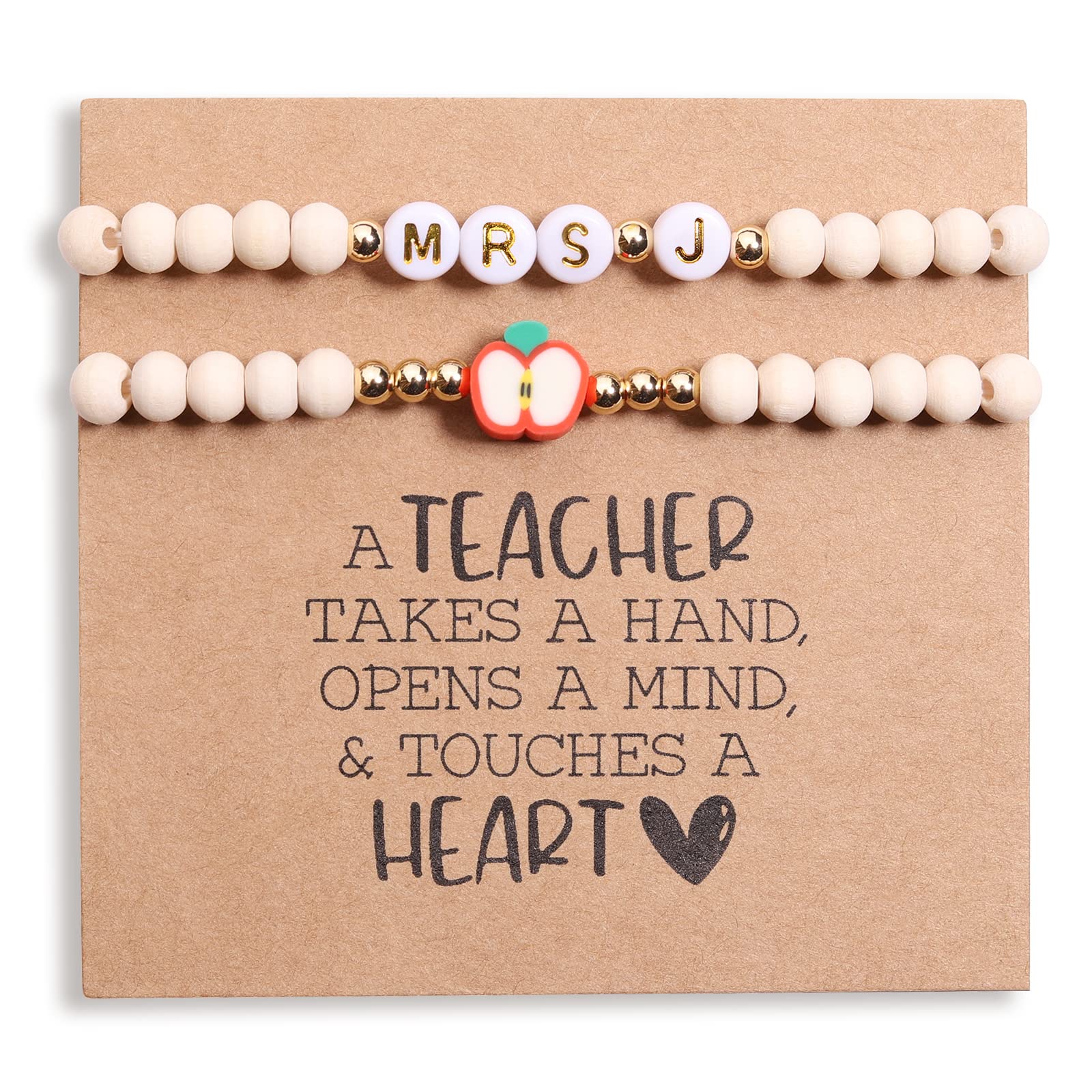 Personalized Teacher Bracelet for Women - 2 Pcs Custom Initial Mrs Miss Ms Bracelet Set with Thank You Card - Teacher Appreciation Gifts from Students & Friends - Perfect for Teacher's Day, Graduation, Retirement & End of Year Gifts