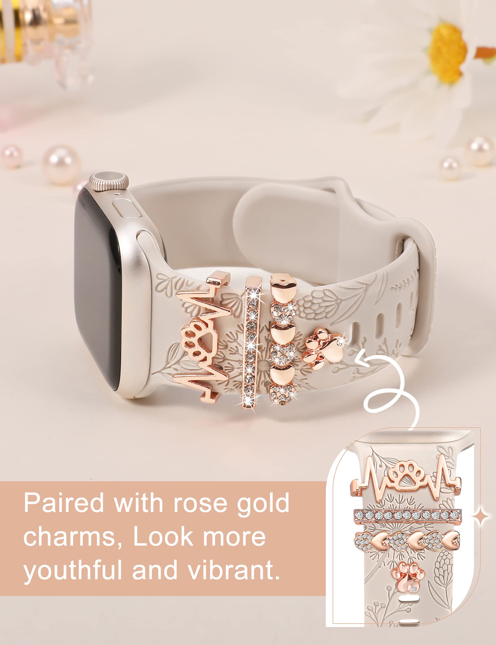 TOYOUTHS Floral Engraved Silicone Apple Watch Band with Charms - Compatible with iWatch Series 10/9/SE/8/7/6/5/4/3/2/1 (38/40/41/42mm) - Women's Fashion Bracelet with Decorative Ring Loops - Starlight+Paw - Perfect for Work, Parties & Everyday Wear