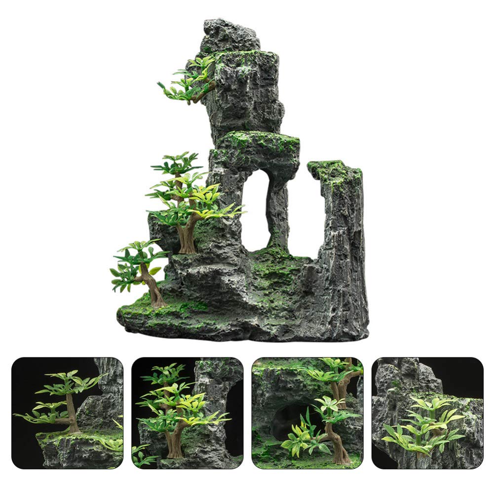 Resin Mountain Fish Tank Ornament - Aquarium Rock Cave Decor for Betta Fish Hideout, Micro Landscape Stone Decoration - Green Aquarium Accessories for Freshwater & Tropical Fish Tanks | Perfect for Creating Natural Underwater Scenes