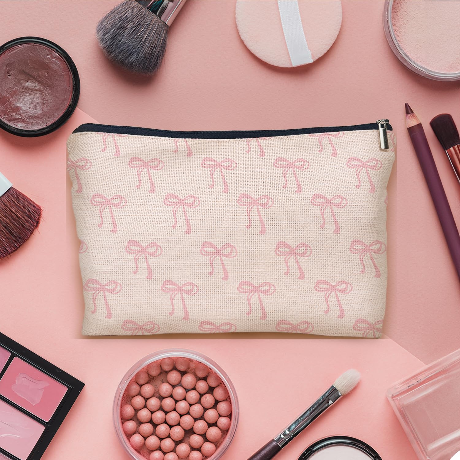Coquette Pink Bow Makeup Bag | Girly Aesthetic Cosmetic Pouch | Cute Preppy Travel Organizer | Perfect for Teens, Bridal Showers & Birthday Gifts | Great for School, Travel & Daily Makeup Storage
