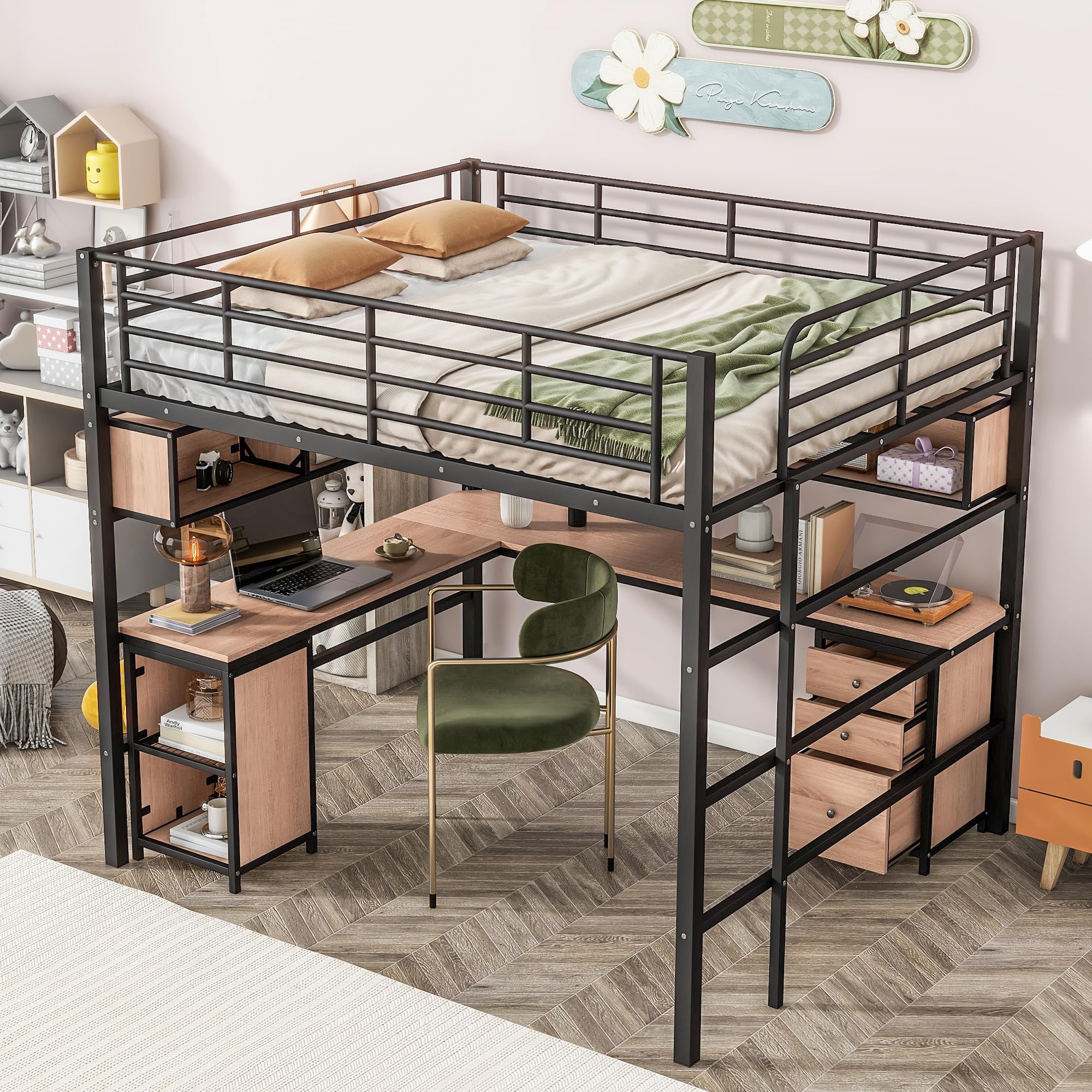Full Size Loft Bed with Desk & Storage - Metal Bed Frame with Bookcase & Cabinet - Space Saving Black Loft Bed for Small Rooms, Dorm, Studio Apartments & Kids Bedroom