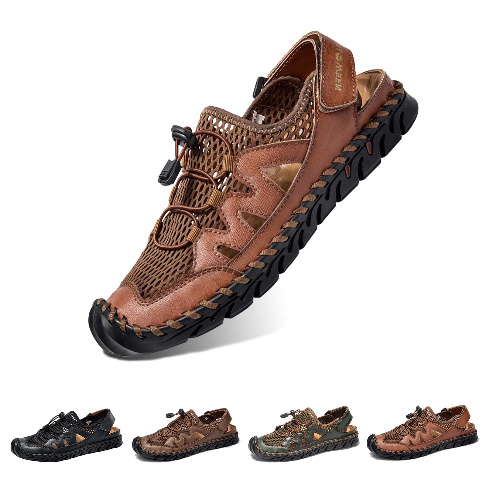 Men's Leather Fisherman Sandals - Breathable Closed Toe Beach Shoes for Summer | Non-Slip Water Sandals for Outdoor Walking, Hiking & Athletic Activities | Handmade Comfortable Anti-Collision Slides