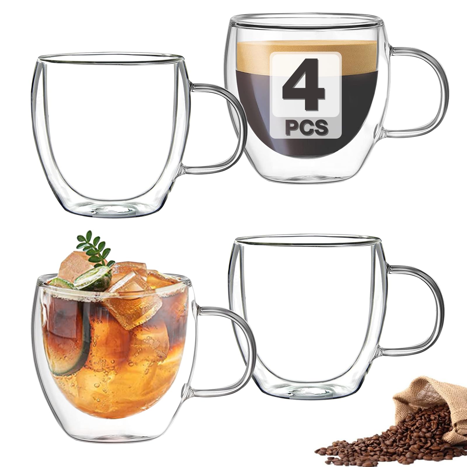 Premium Double Wall Insulated Espresso Glasses Set of 4 - 5oz Clear Coffee Cups with Handle (50% Thicker) - Ideal for Espresso Machines, Lattes & Cappuccinos - Perfect for Home Baristas, Coffee Shops & Gifts