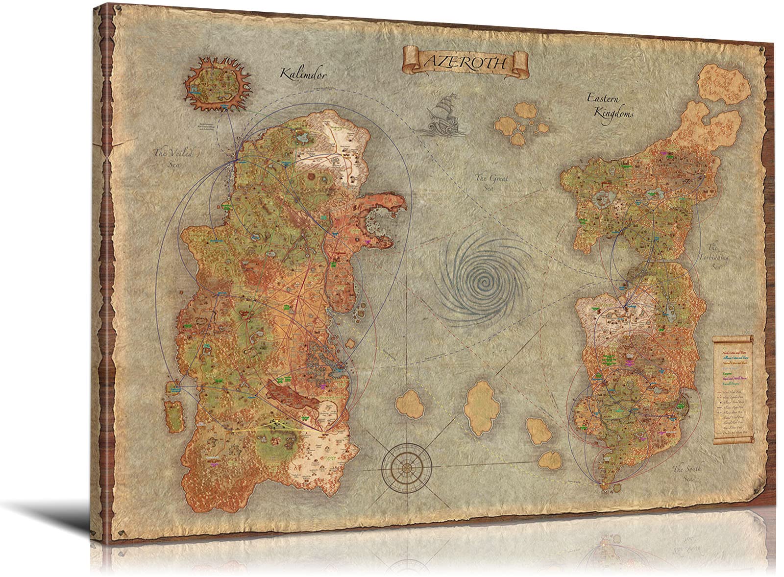 World of Warcraft Azeroth Map Canvas Wall Art - Framed Retro Game Poster 28x40 Inch - Perfect for Gaming Room Decor, Man Cave & Fantasy Themed Bedrooms