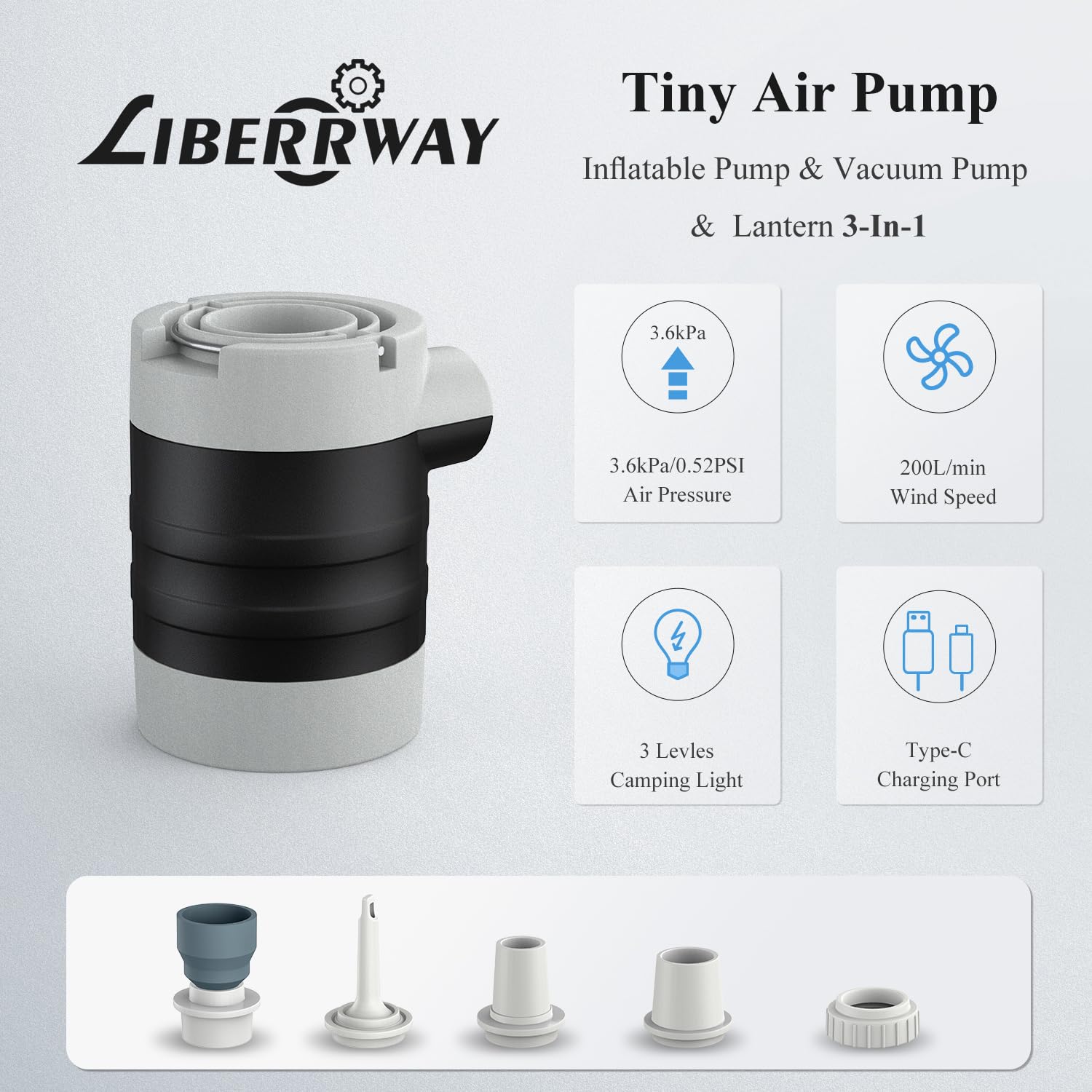 **LIBERRWAY Rechargeable Cordless Electric Air Pump for Inflatables - Portable Quick-Fill Pump for Air Mattress, Pool Floats, Camping Gear - Includes Built-in Camping Lantern (Perfect for Travel, Beach, Backyard & Outdoor Adventures)**